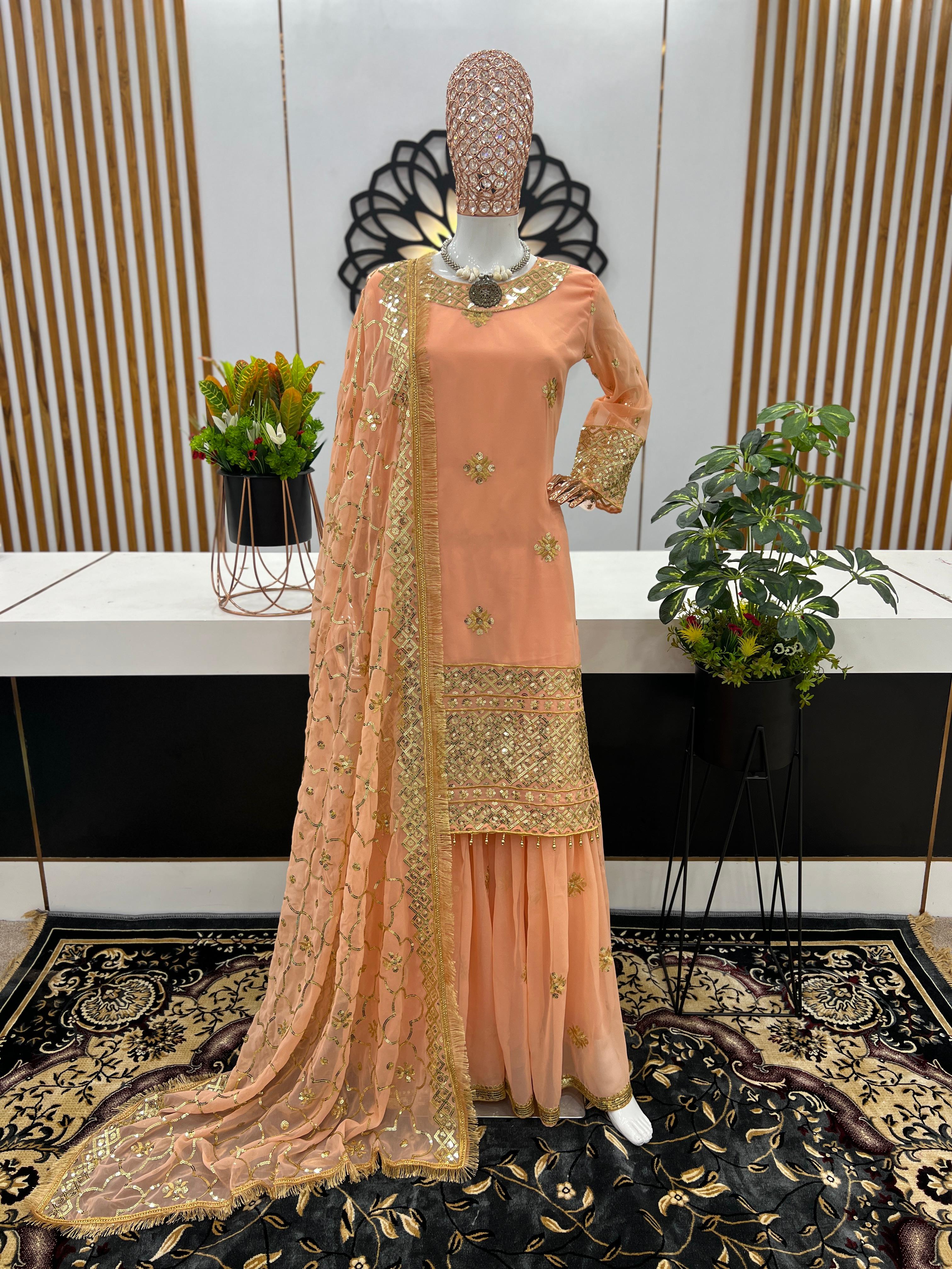 Fabulous Embroidery Work Peach Color Sharara Suit