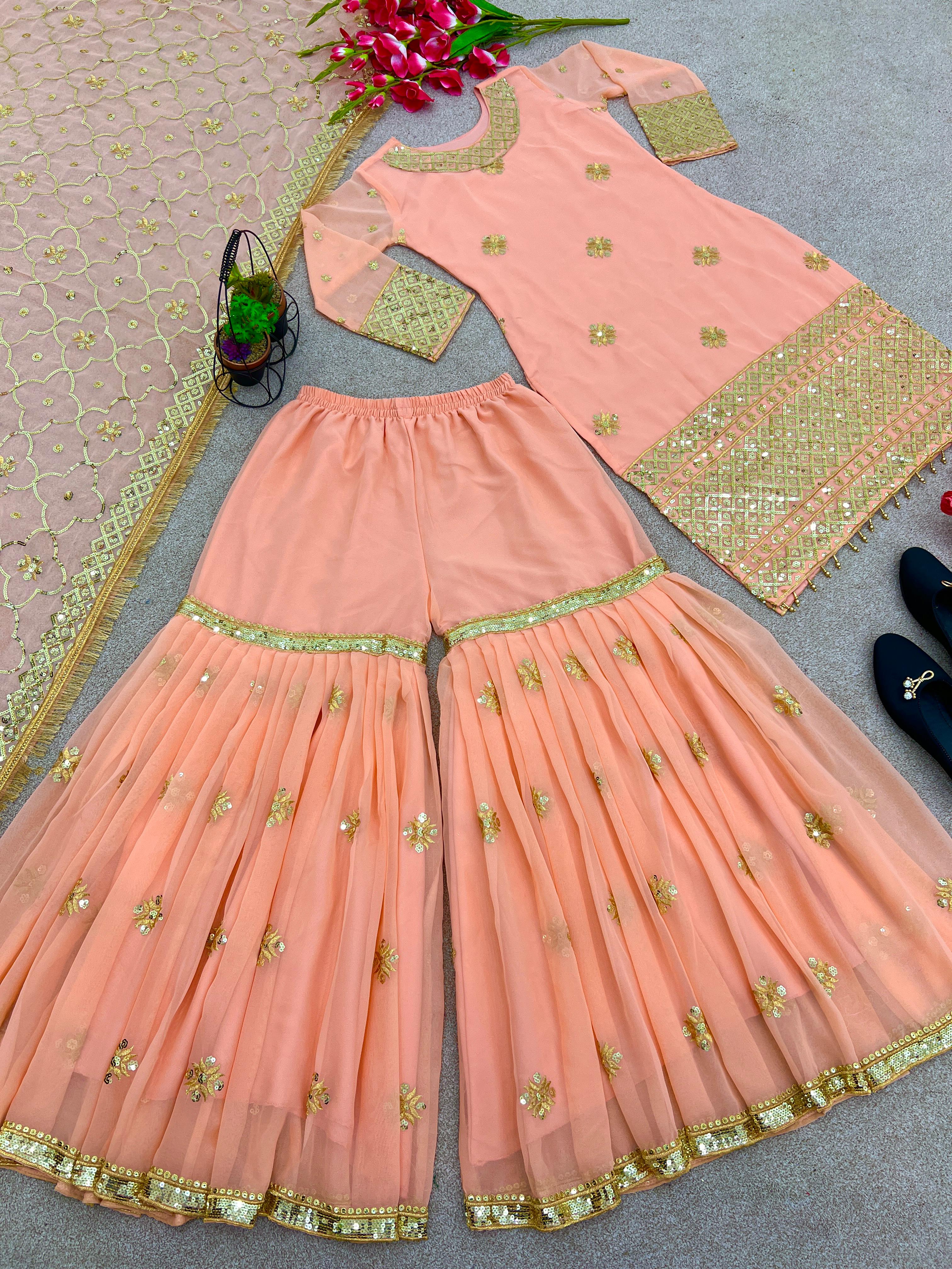 Fabulous Embroidery Work Peach Color Sharara Suit