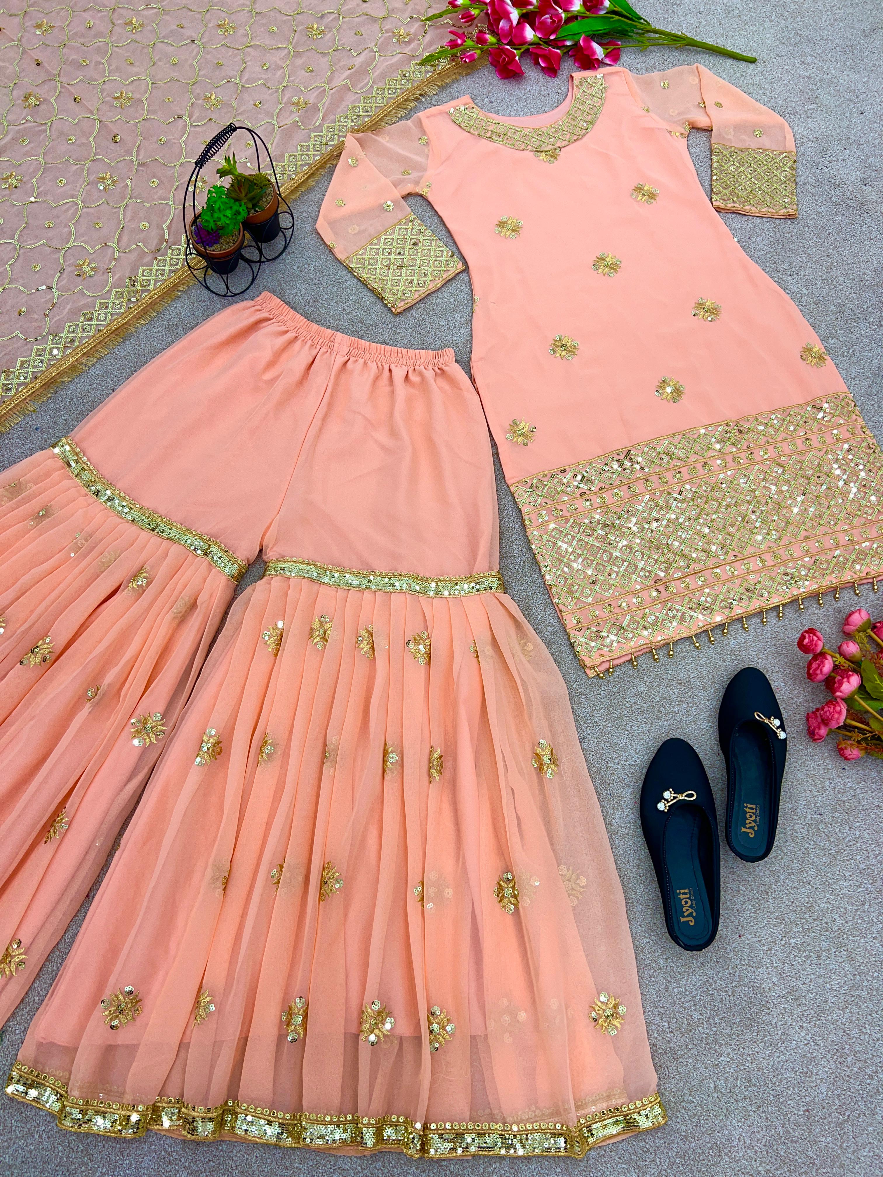 Fabulous Embroidery Work Peach Color Sharara Suit