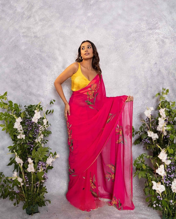 Gorgeous Festive Wear Pink Color Flower Print Saree