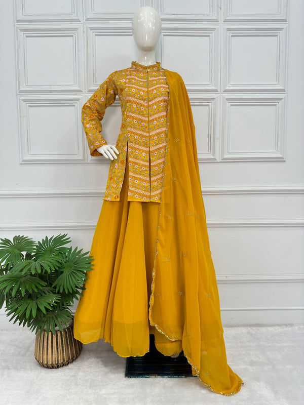 Beautiful Ceremony Wear Yellow Color Lehenga With Koti