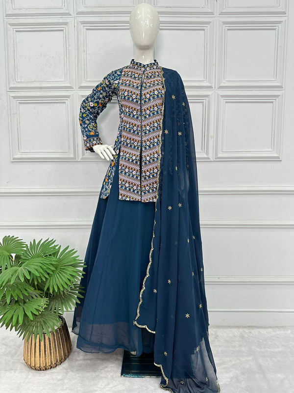 Beautiful Ceremony Wear Blue Color Lehenga With Koti