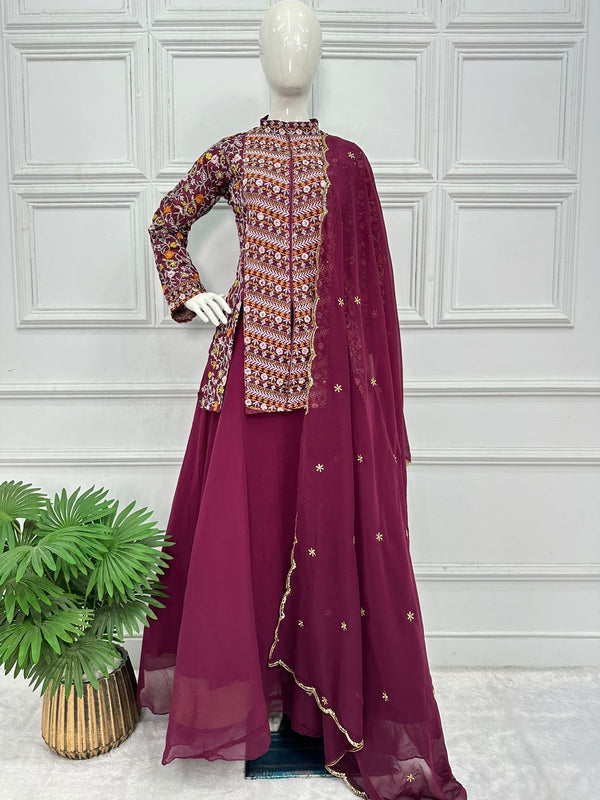 Beautiful Ceremony Wear Wine Color Lehenga With Koti