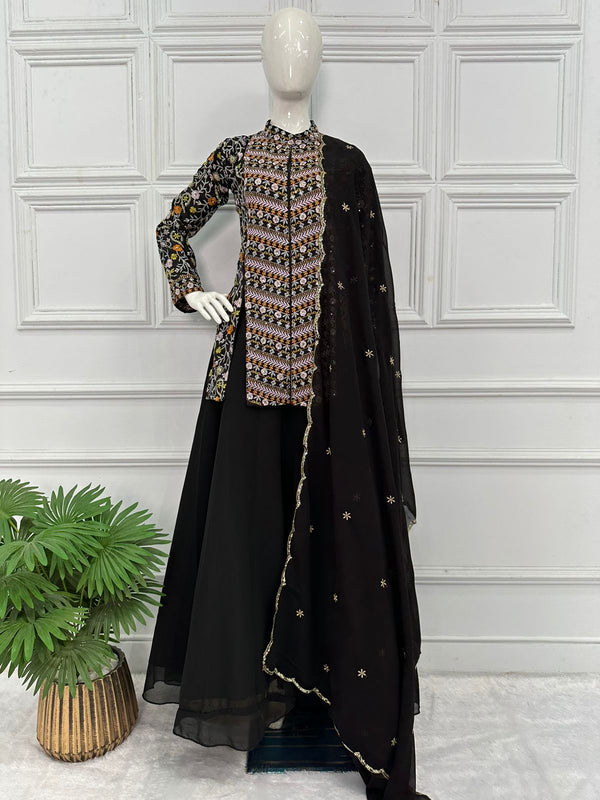 Beautiful Ceremony Wear Black Color Lehenga With Koti