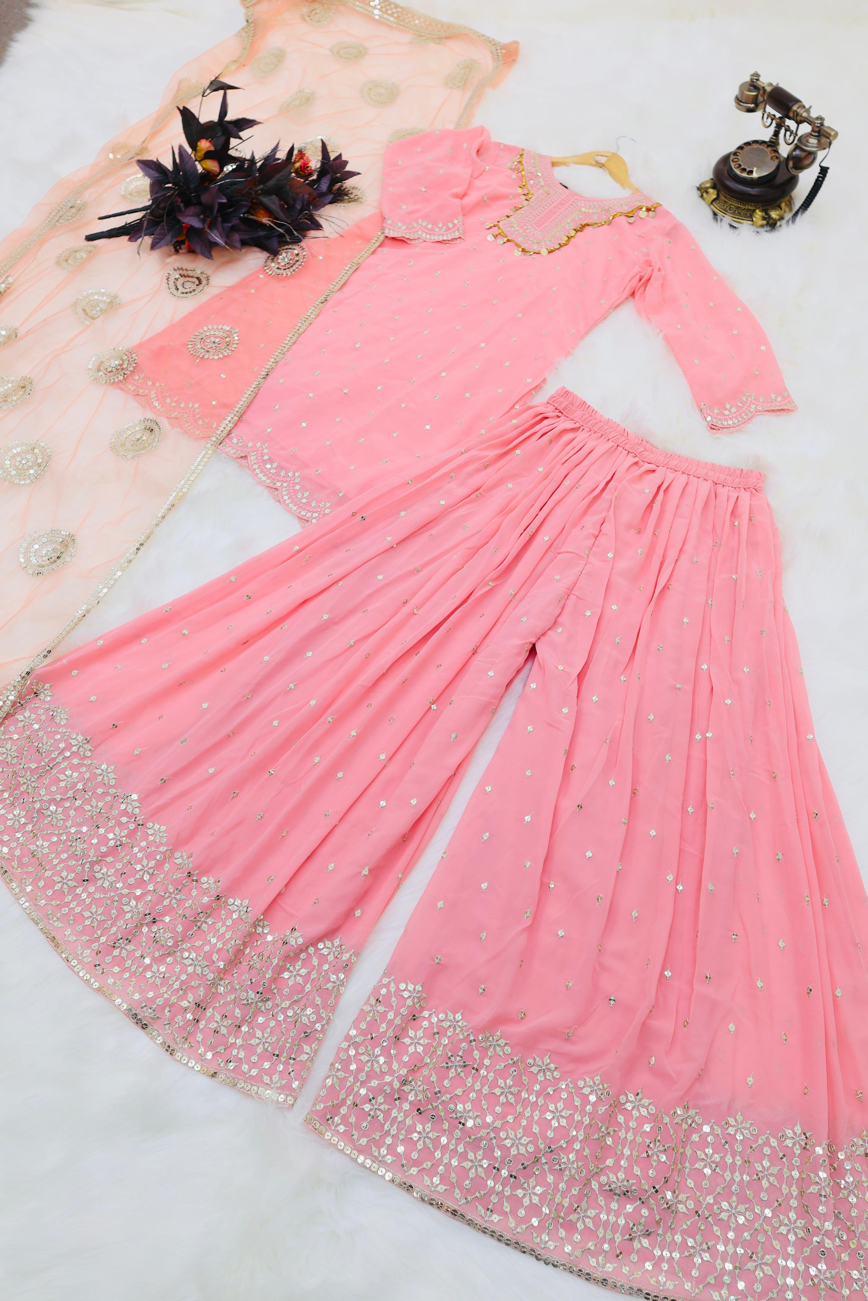 Captivating Embroidery Work Peach Color Sharara Suit