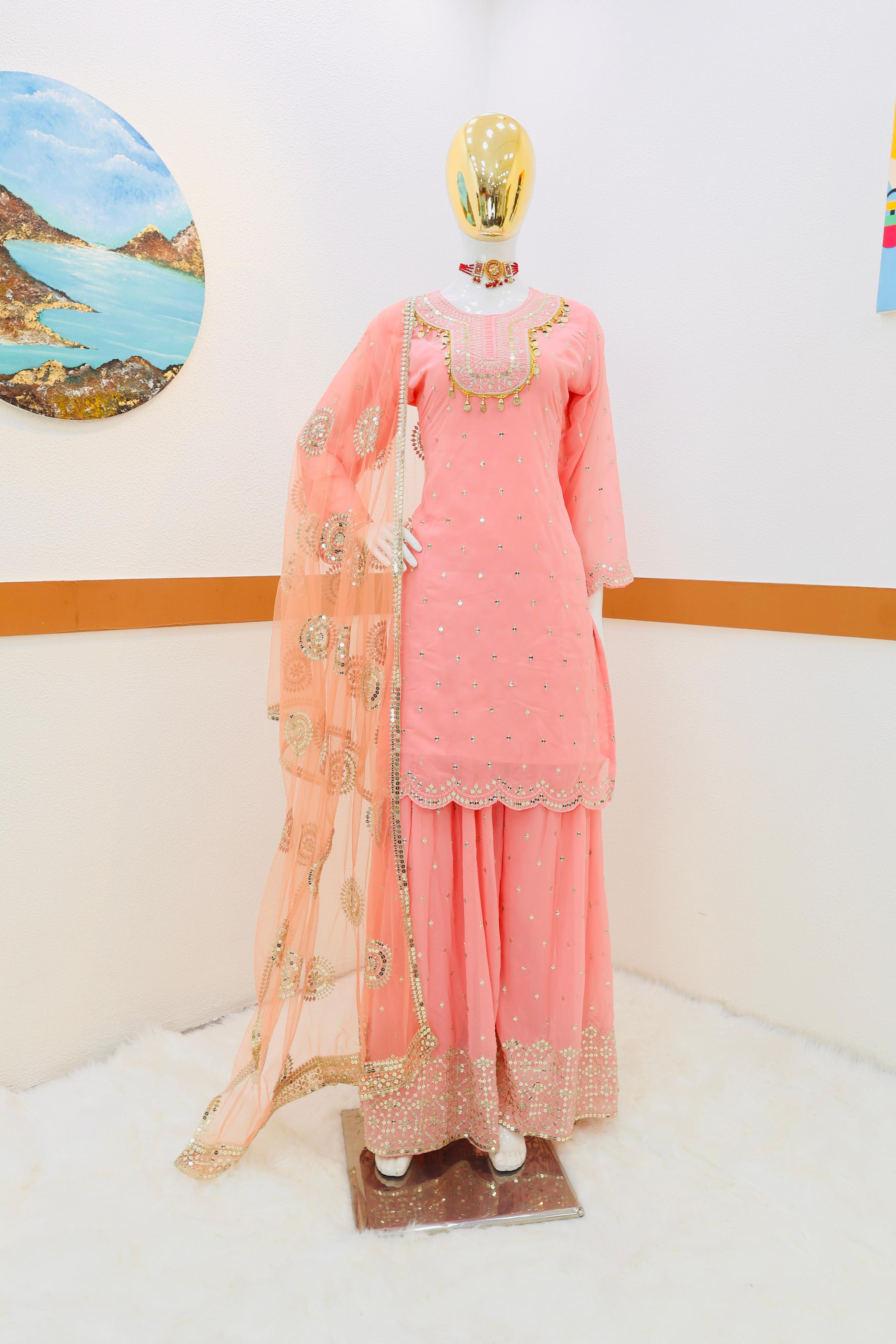 Captivating Embroidery Work Peach Color Sharara Suit