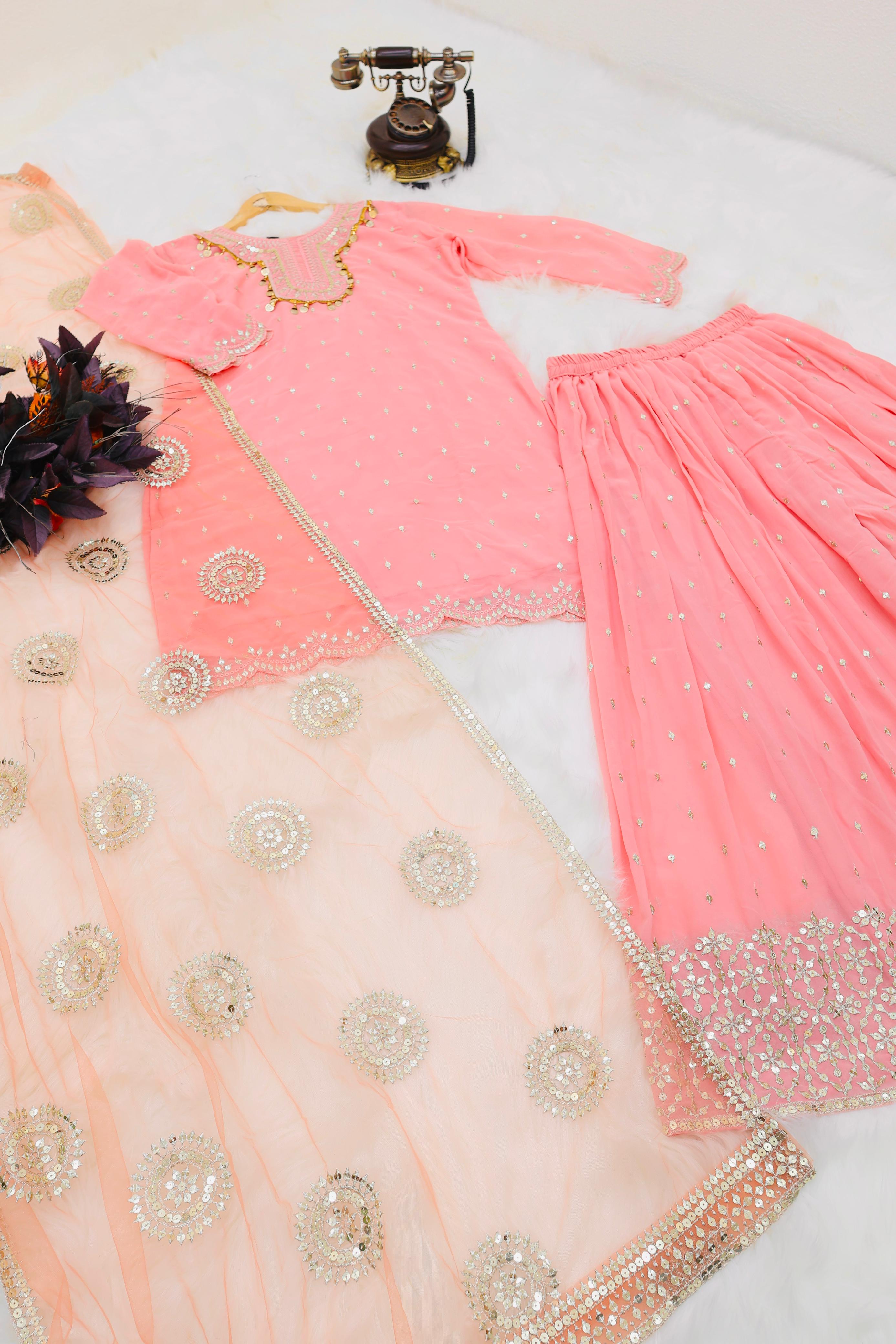 Captivating Embroidery Work Peach Color Sharara Suit