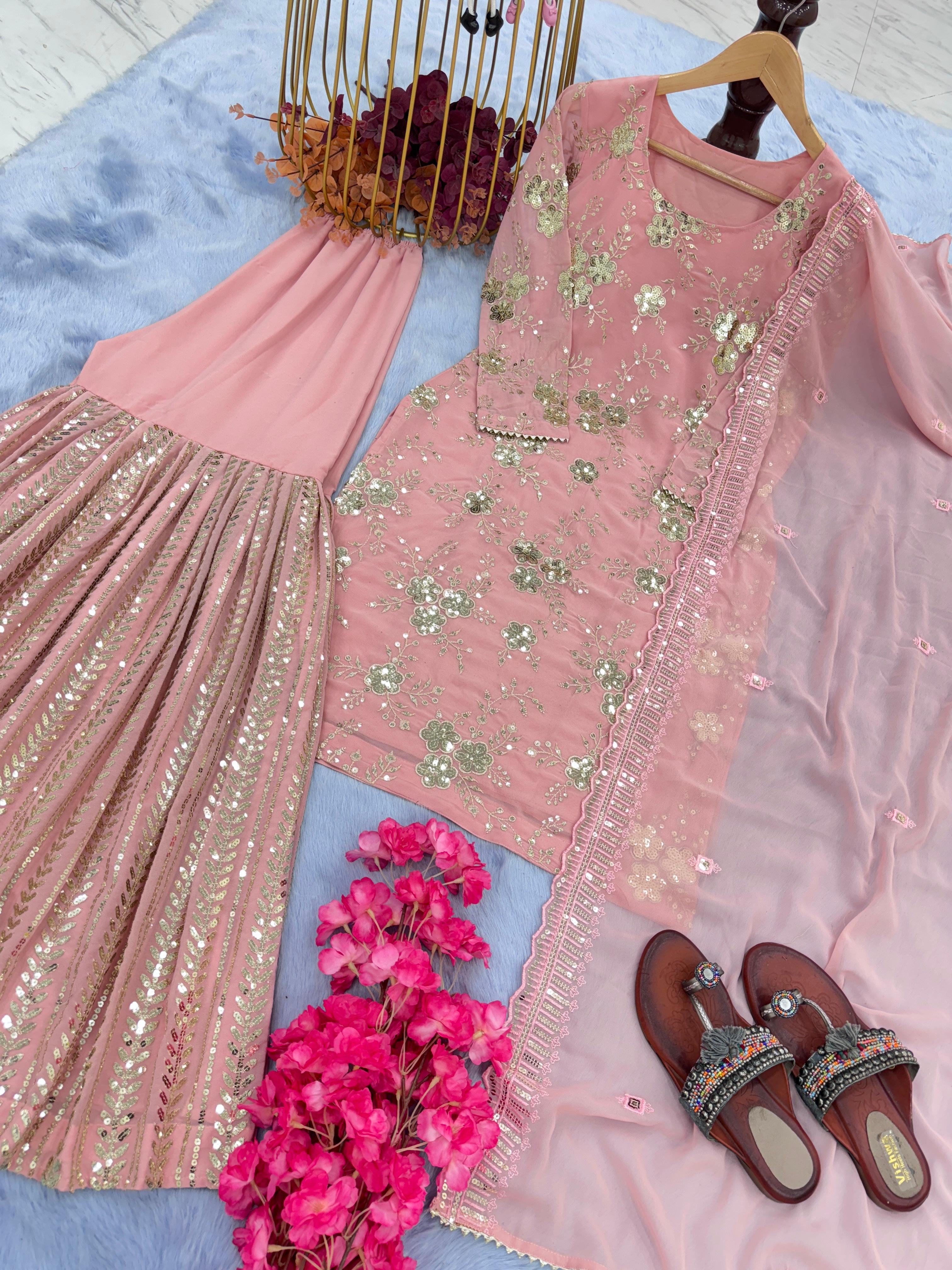 Ravishing Sequence Work Peach Color Sharara Suit