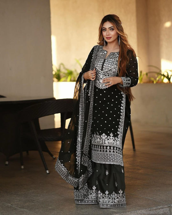 Stylish Black Color Sharara Suit With Shining Work