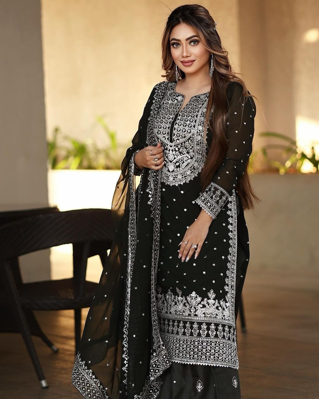 Stylish Black Color Sharara Suit With Shining Work