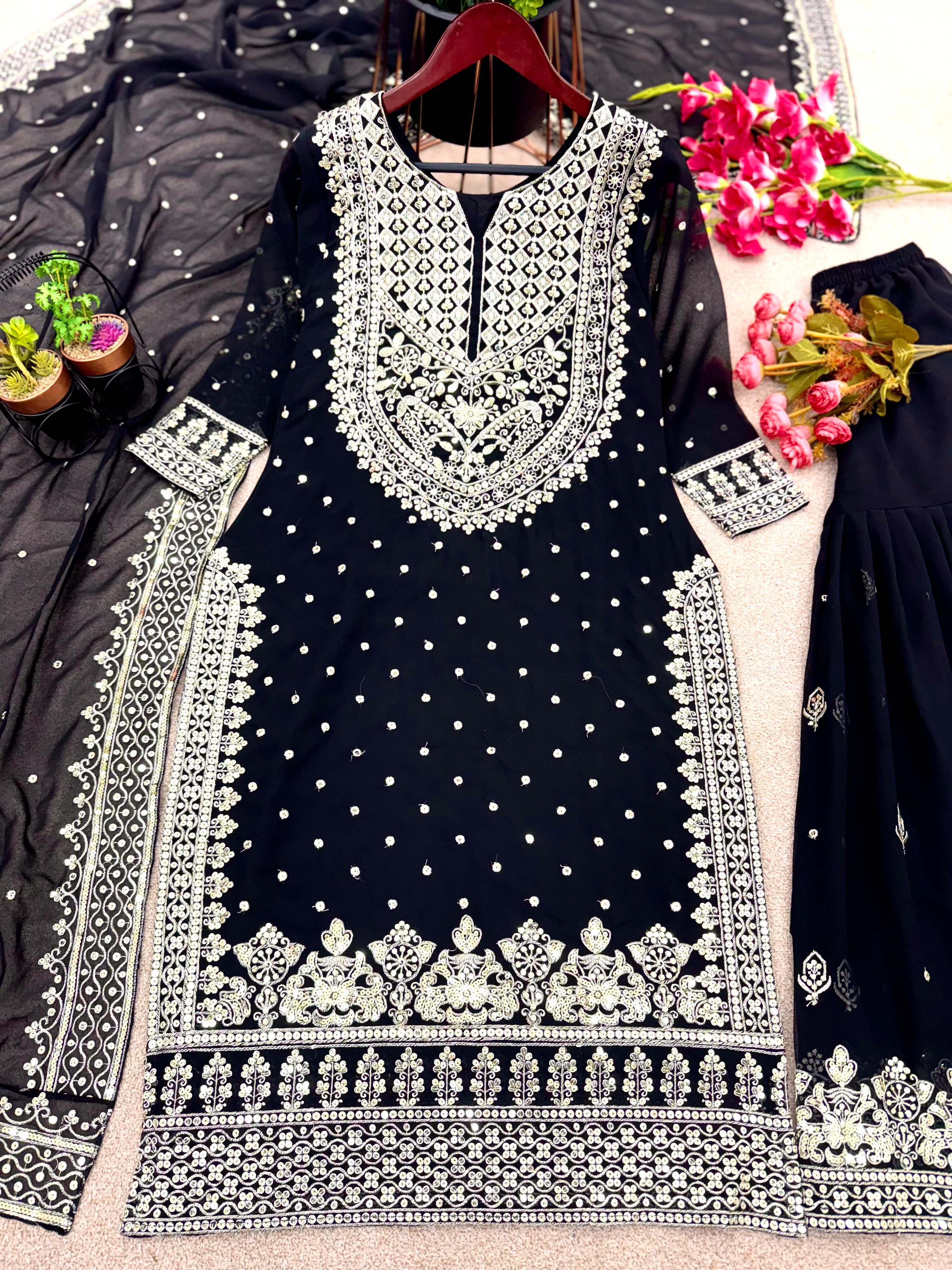 Stylish Black Color Sharara Suit With Shining Work