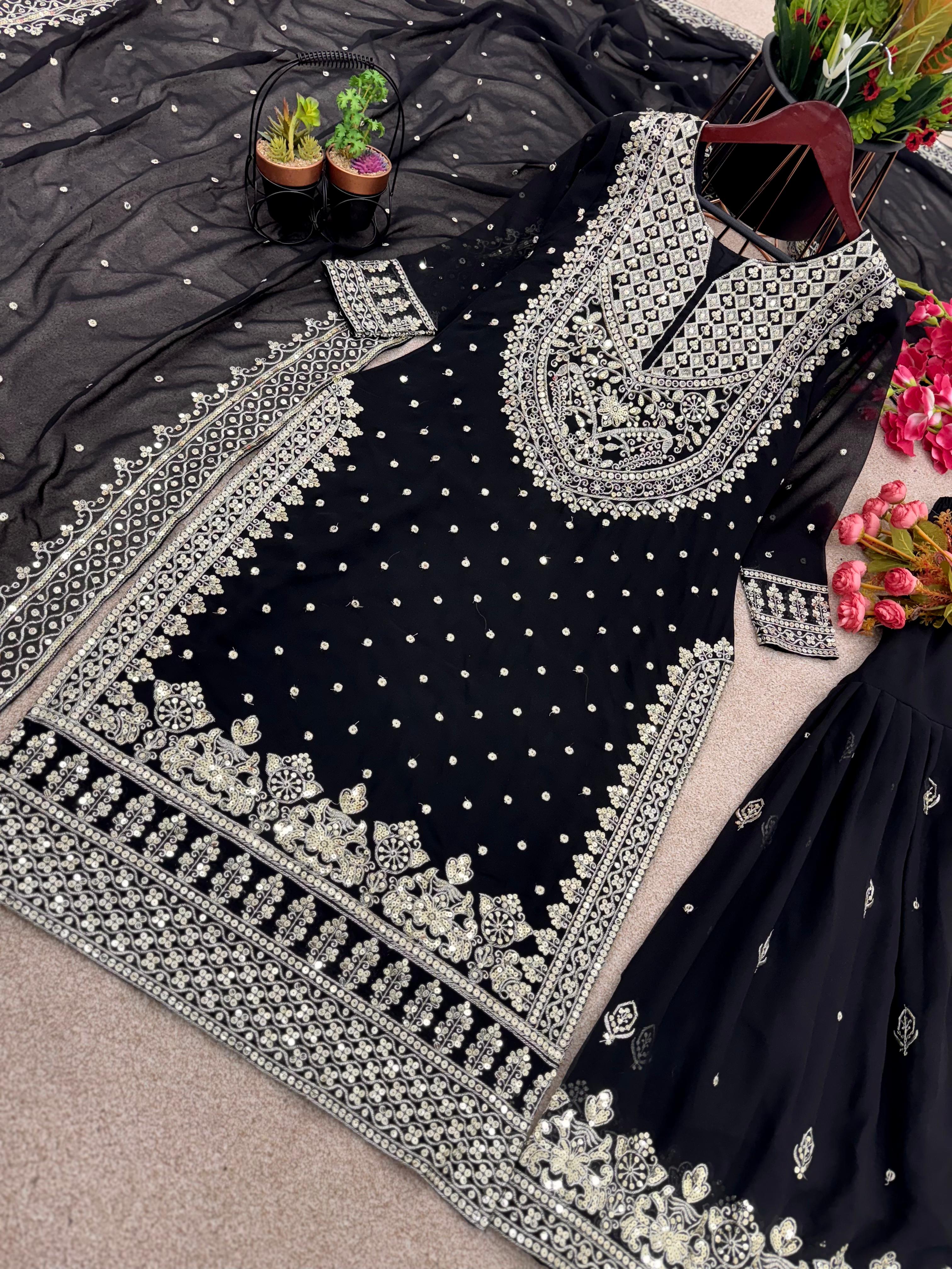 Stylish Black Color Sharara Suit With Shining Work