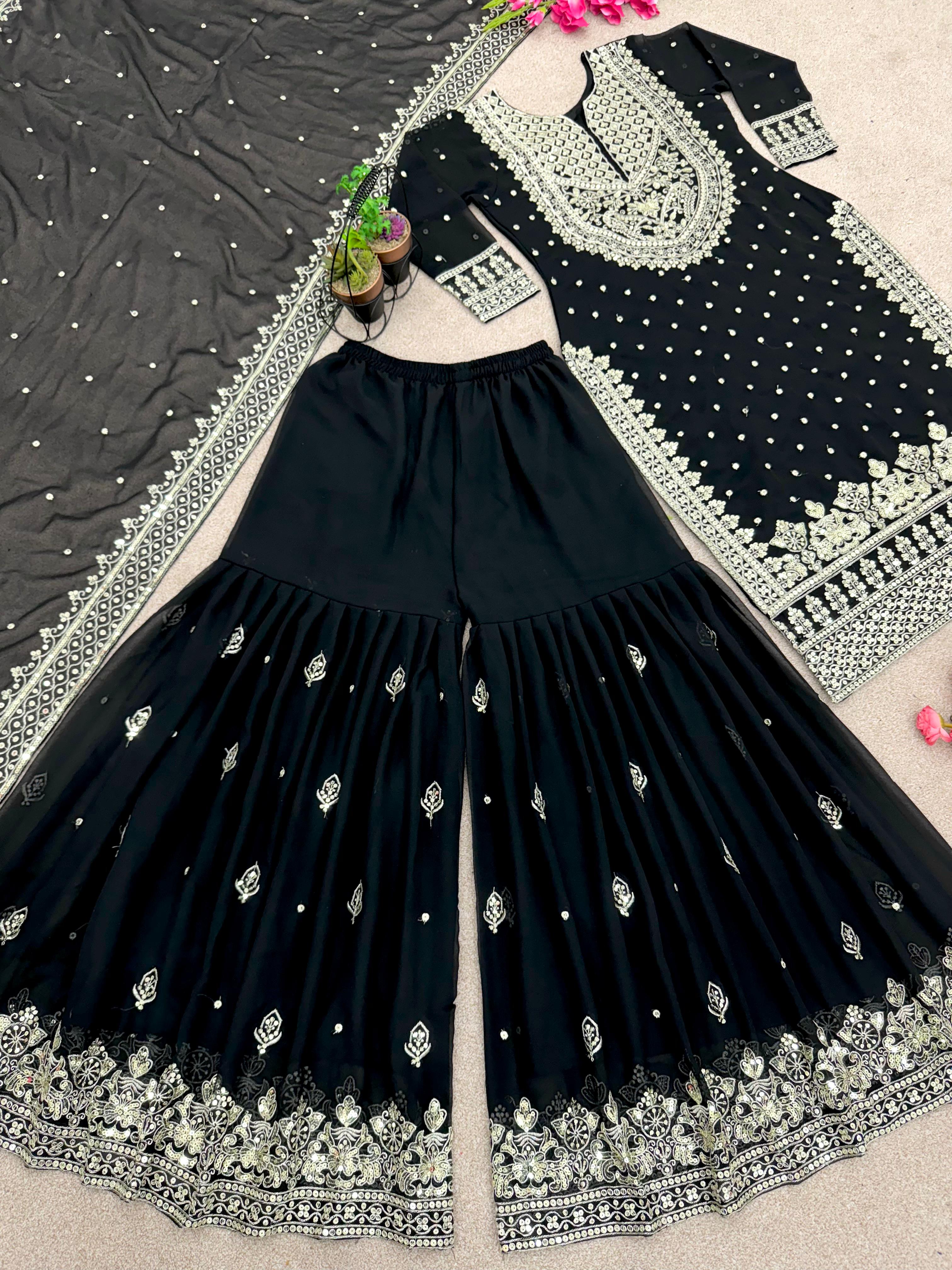 Stylish Black Color Sharara Suit With Shining Work