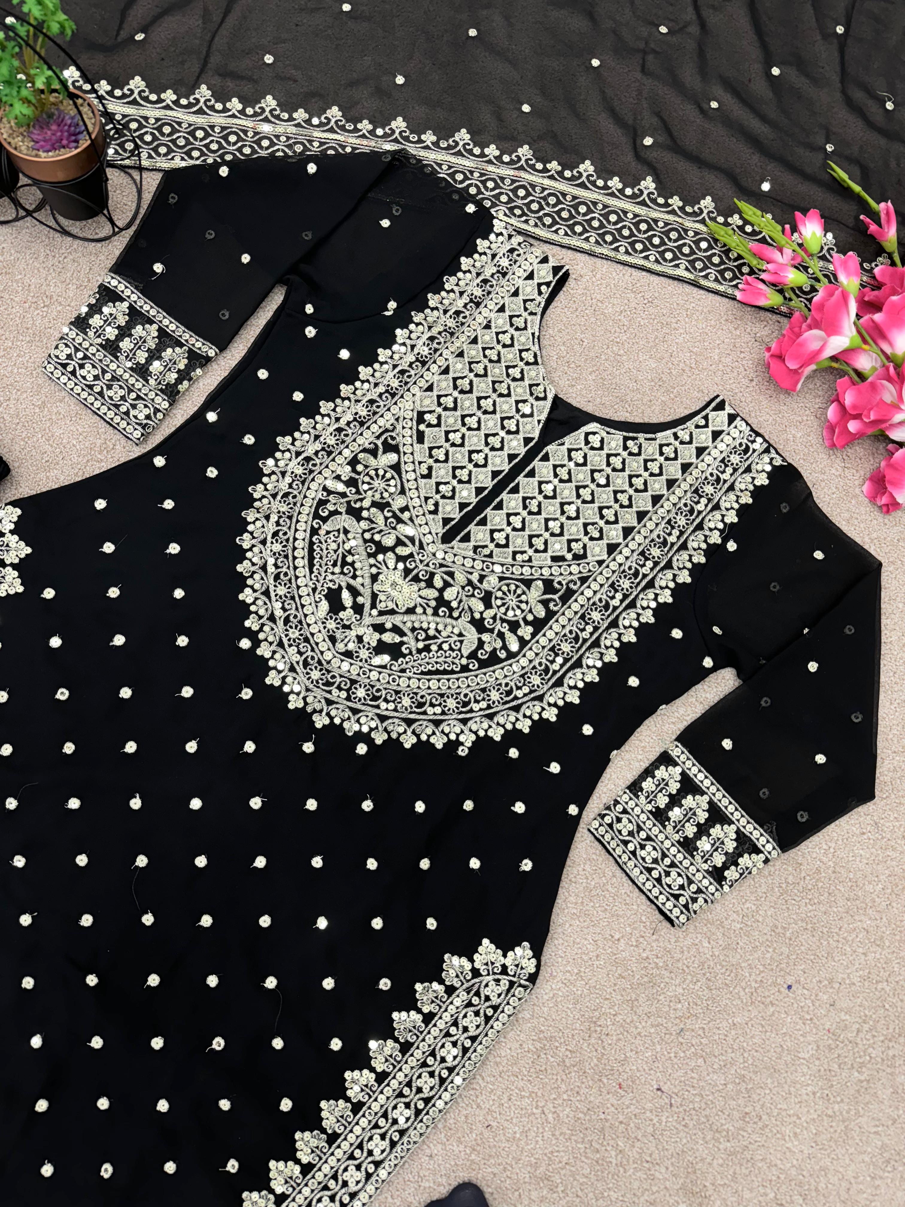 Stylish Black Color Sharara Suit With Shining Work