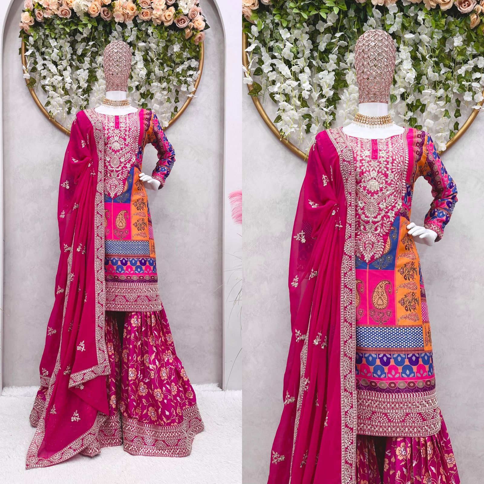 Exclusive Multi Pink Color Embroidery Work Sharara Suit