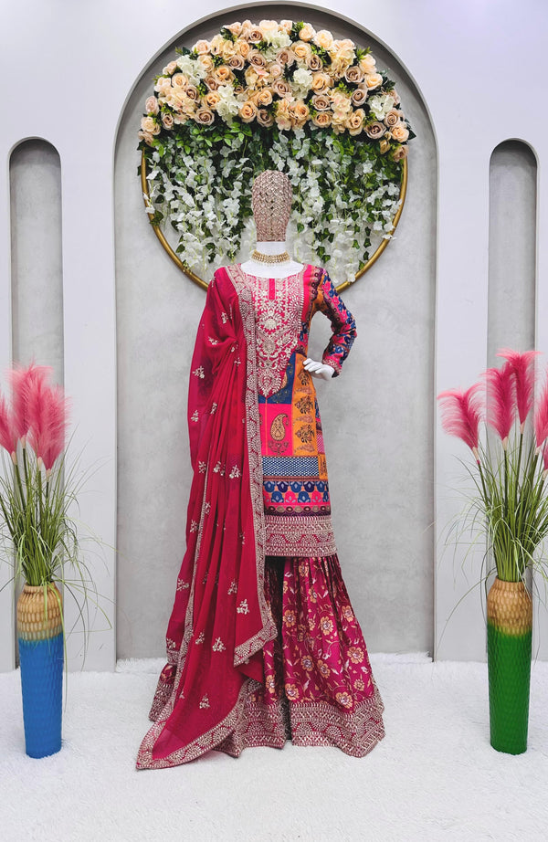 Exclusive Multi Pink Color Embroidery Work Sharara Suit