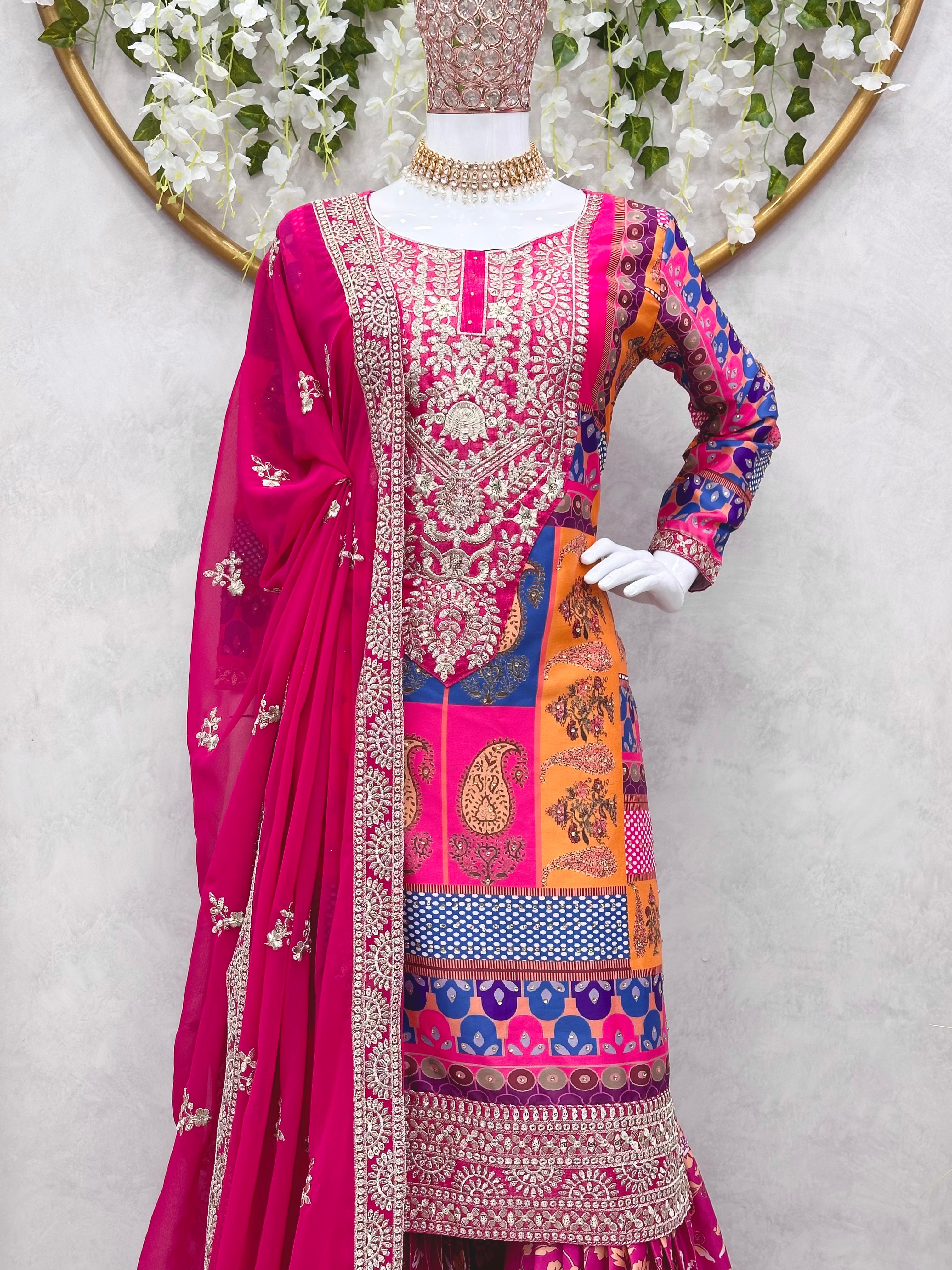 Exclusive Multi Pink Color Embroidery Work Sharara Suit