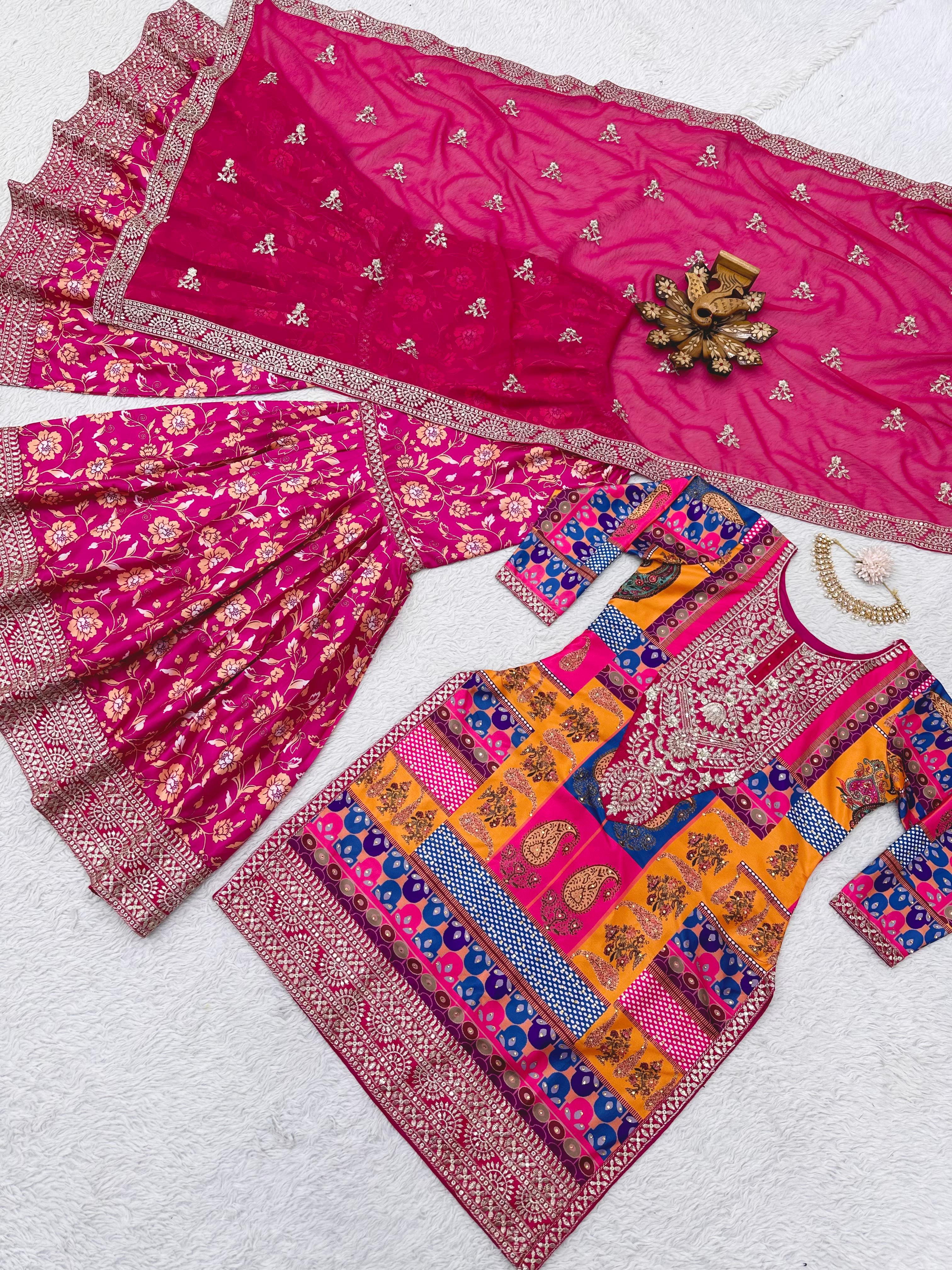 Exclusive Multi Pink Color Embroidery Work Sharara Suit