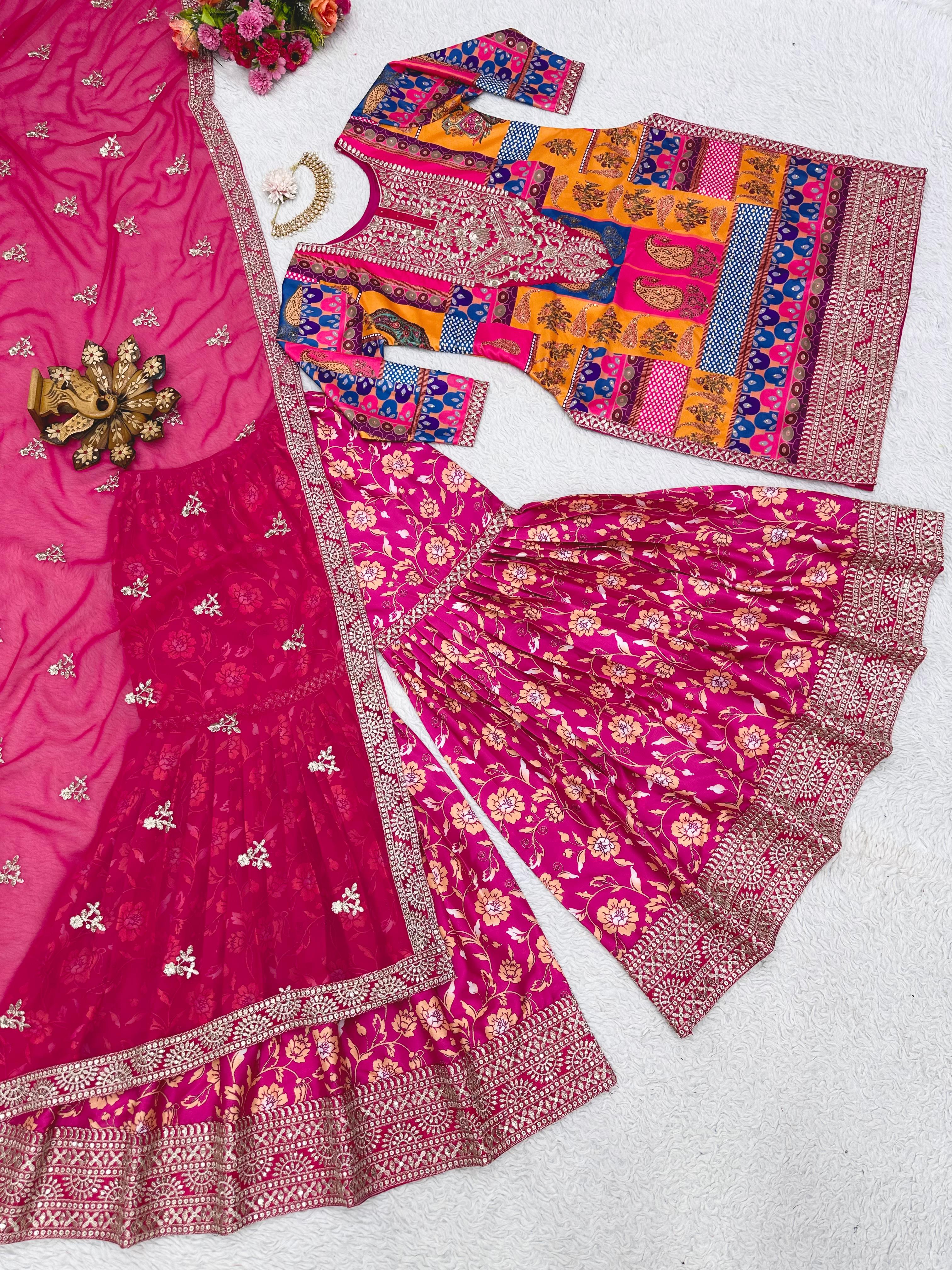 Exclusive Multi Pink Color Embroidery Work Sharara Suit