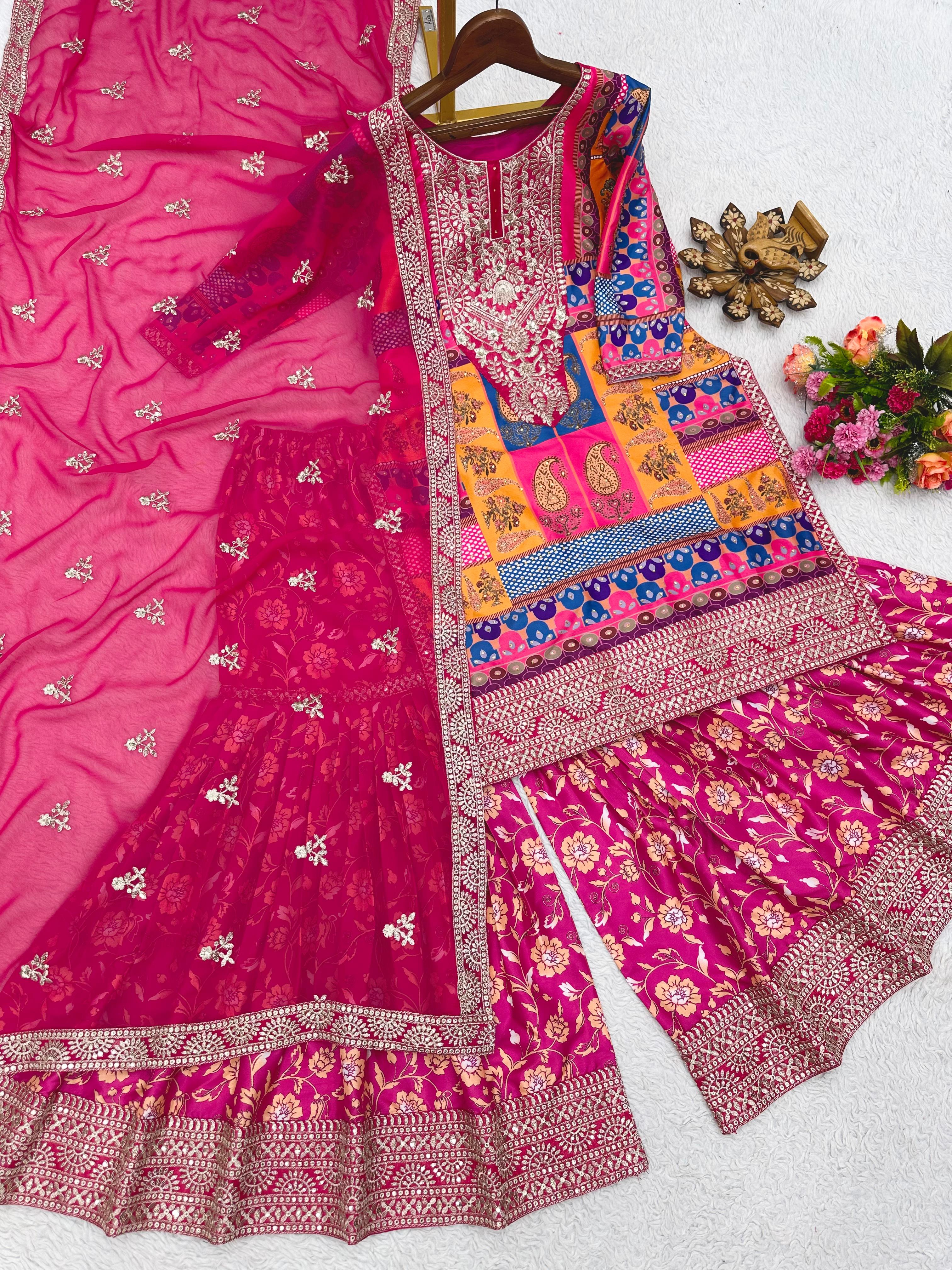 Exclusive Multi Pink Color Embroidery Work Sharara Suit