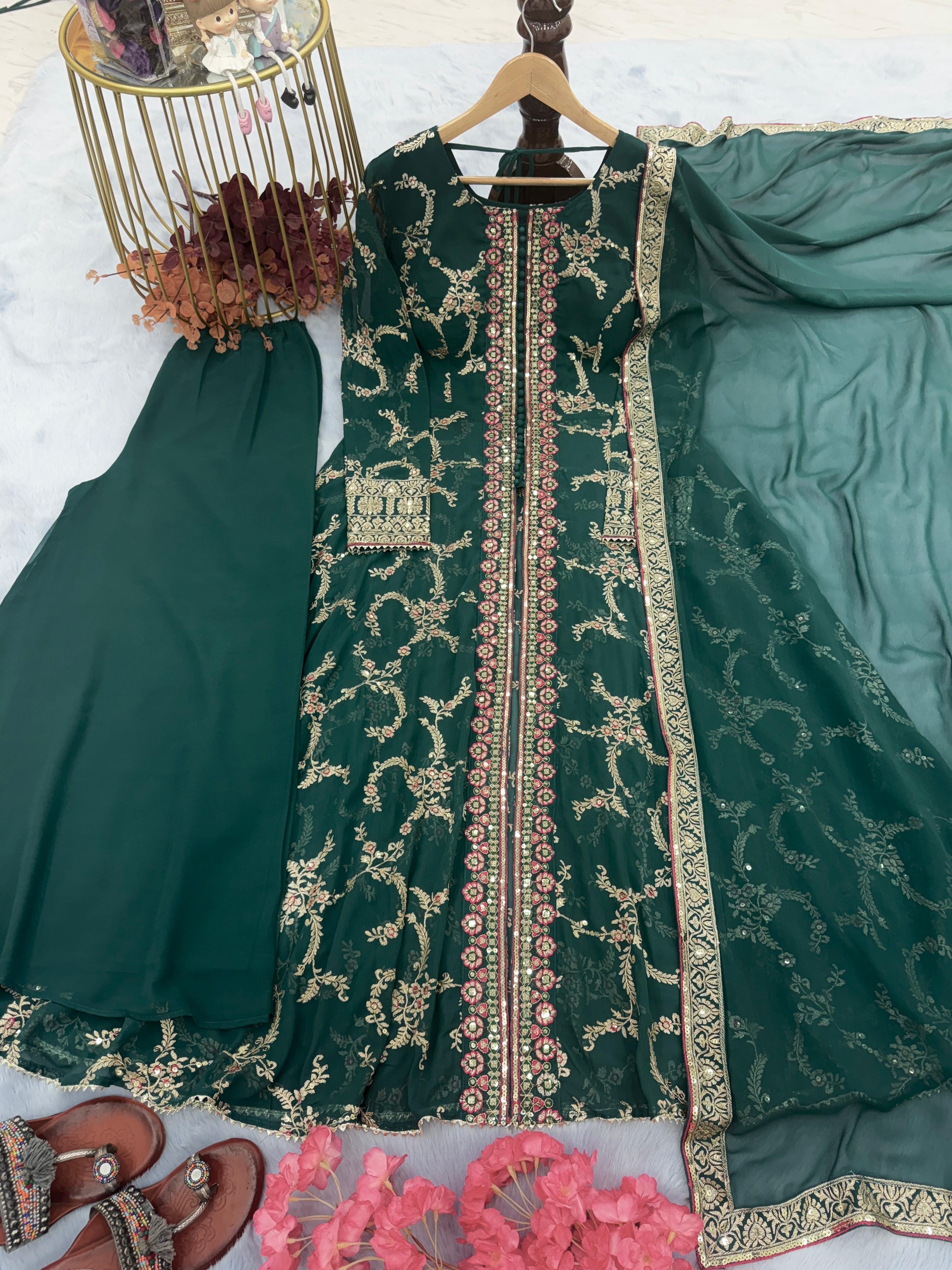 Opulent Green Color Sequence Work Long Gown With Palazzo