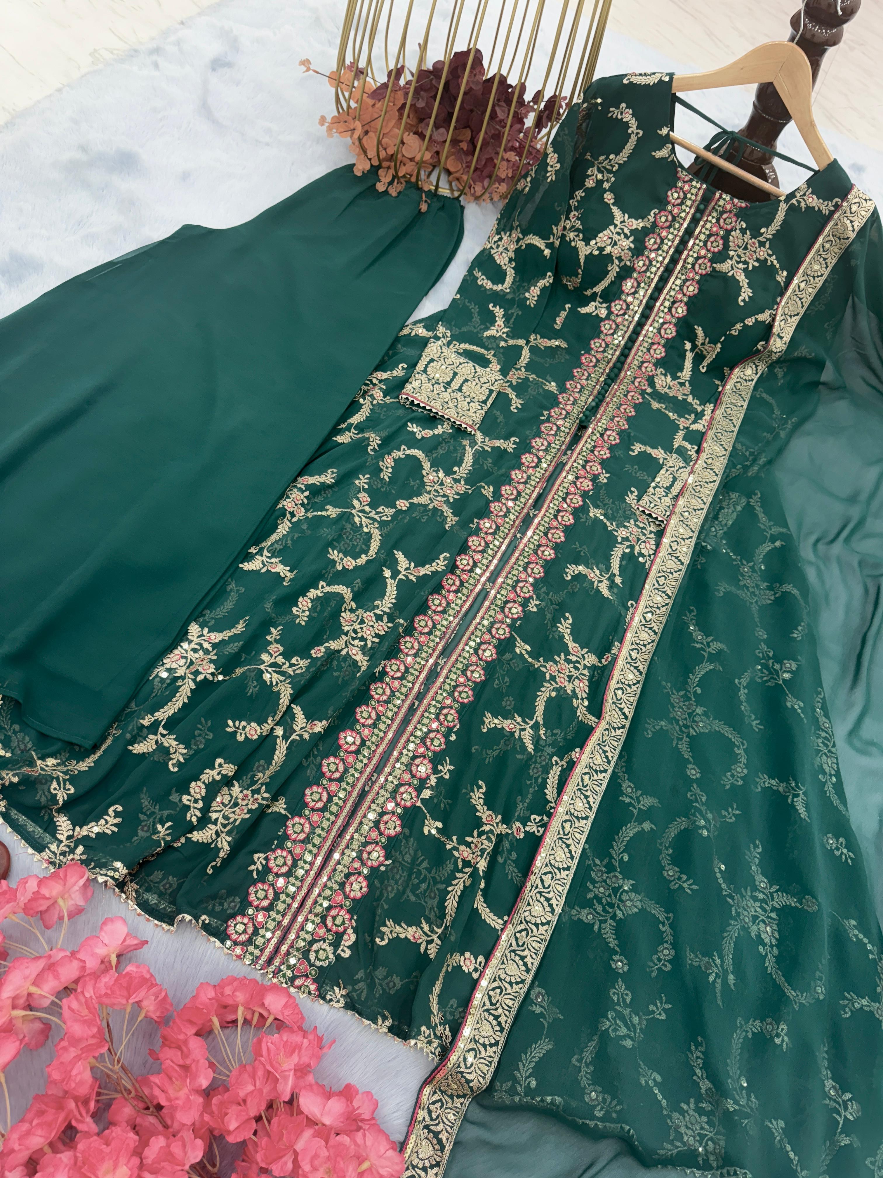 Opulent Green Color Sequence Work Long Gown With Palazzo