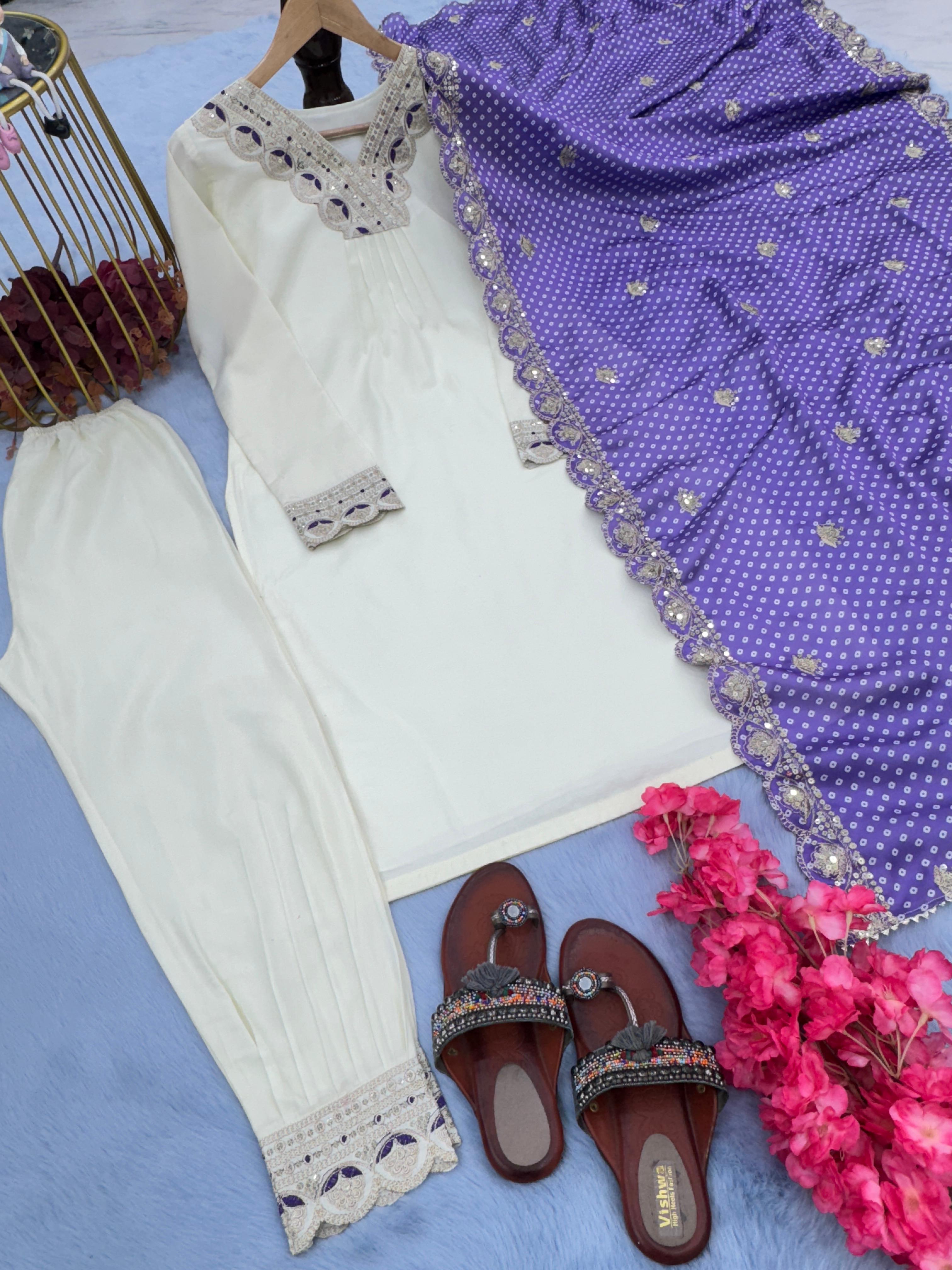 Mauni Roy White Color Kurti Pair Purple Dupatta