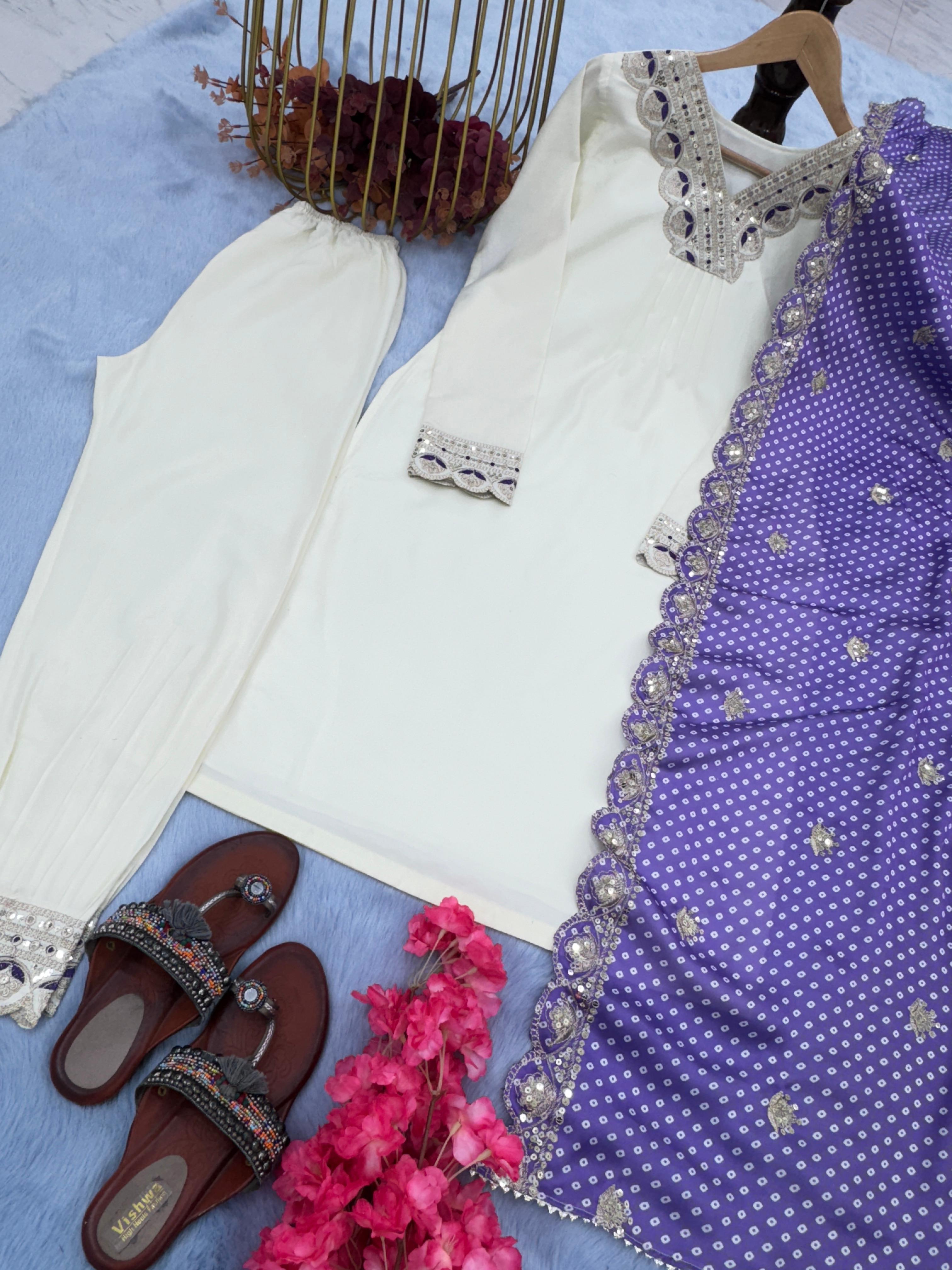 Mauni Roy White Color Kurti Pair Purple Dupatta