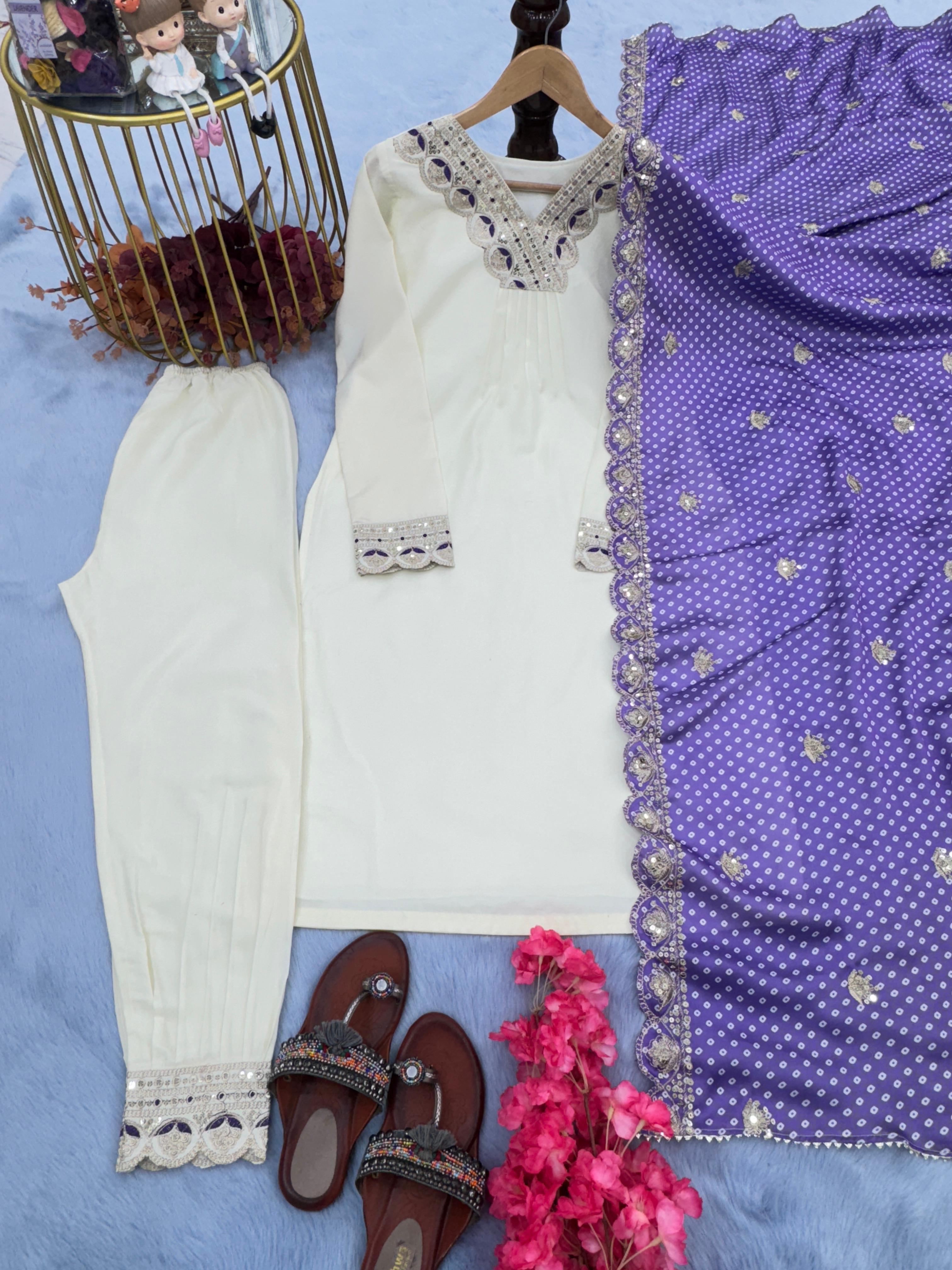 Mauni Roy White Color Kurti Pair Purple Dupatta