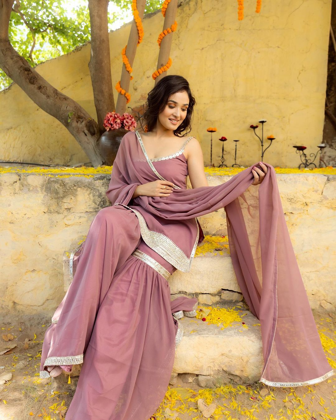 Plain Party Wear Dusty Pink Color Sharara Suit