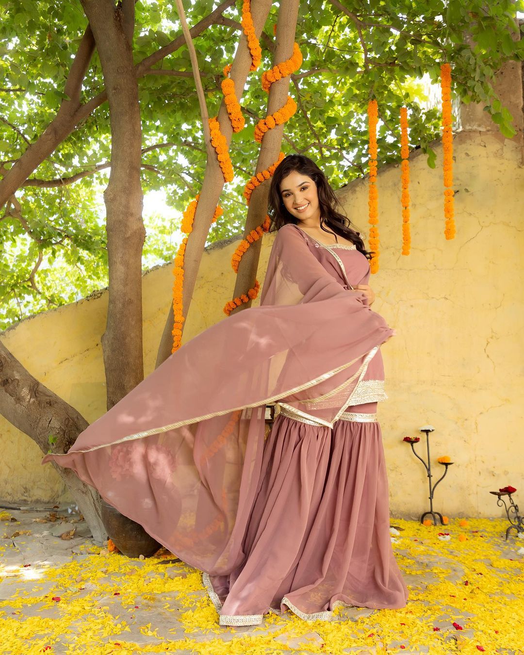 Plain Party Wear Dusty Pink Color Sharara Suit