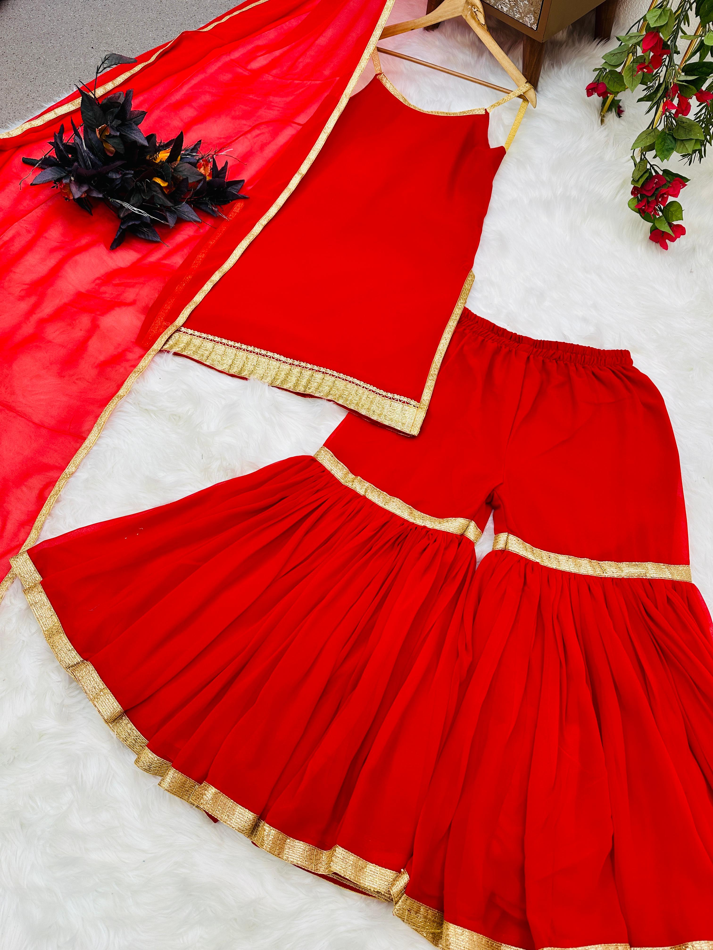 Plain Party Wear Red Color Sharara Suit