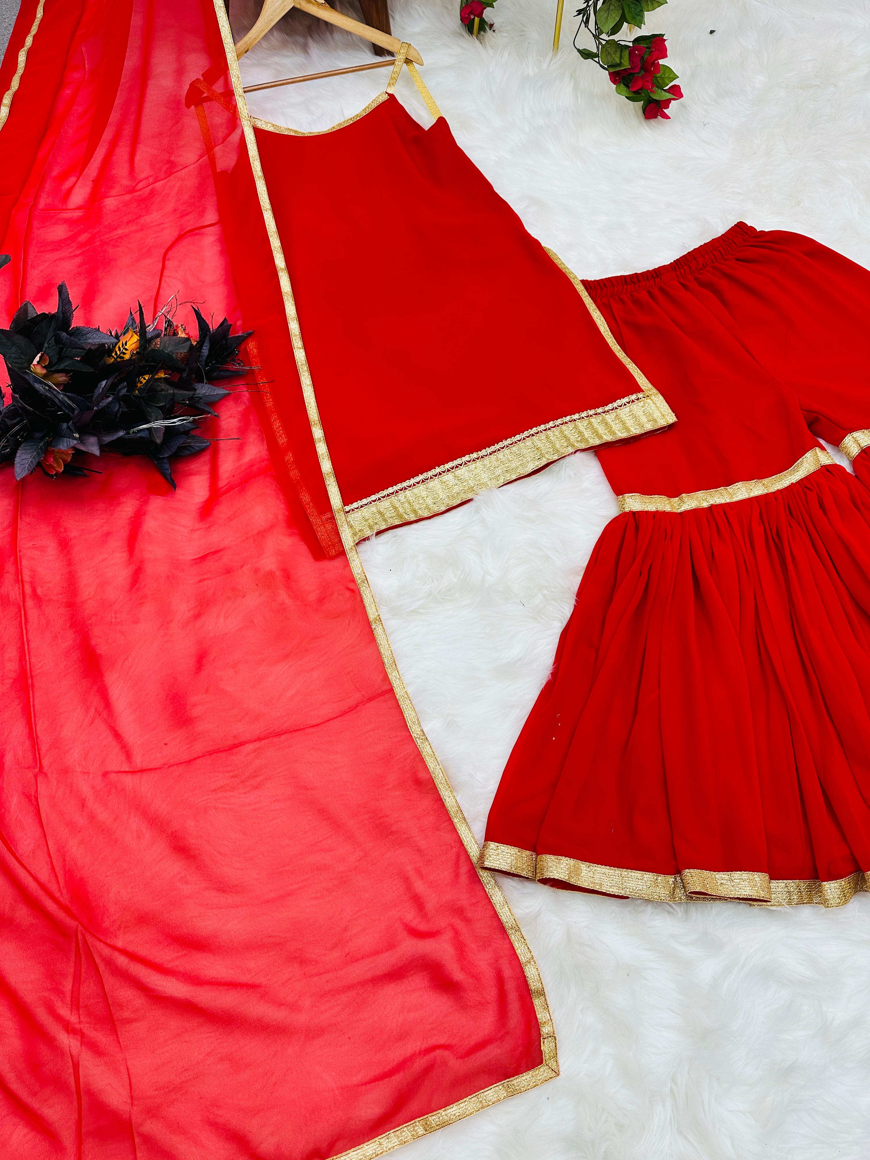 Plain Party Wear Red Color Sharara Suit