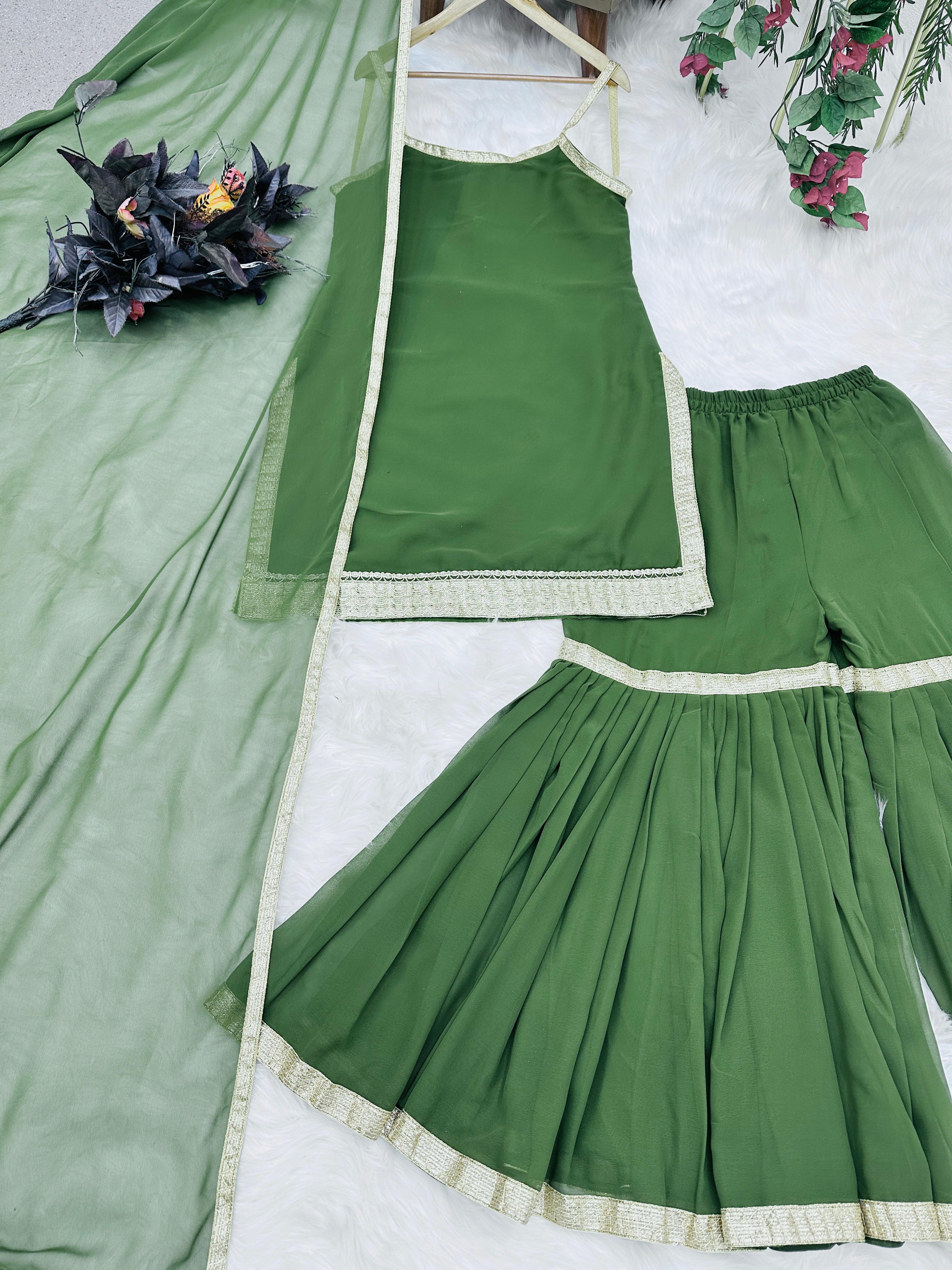 Plain Party Wear Green Color Sharara Suit