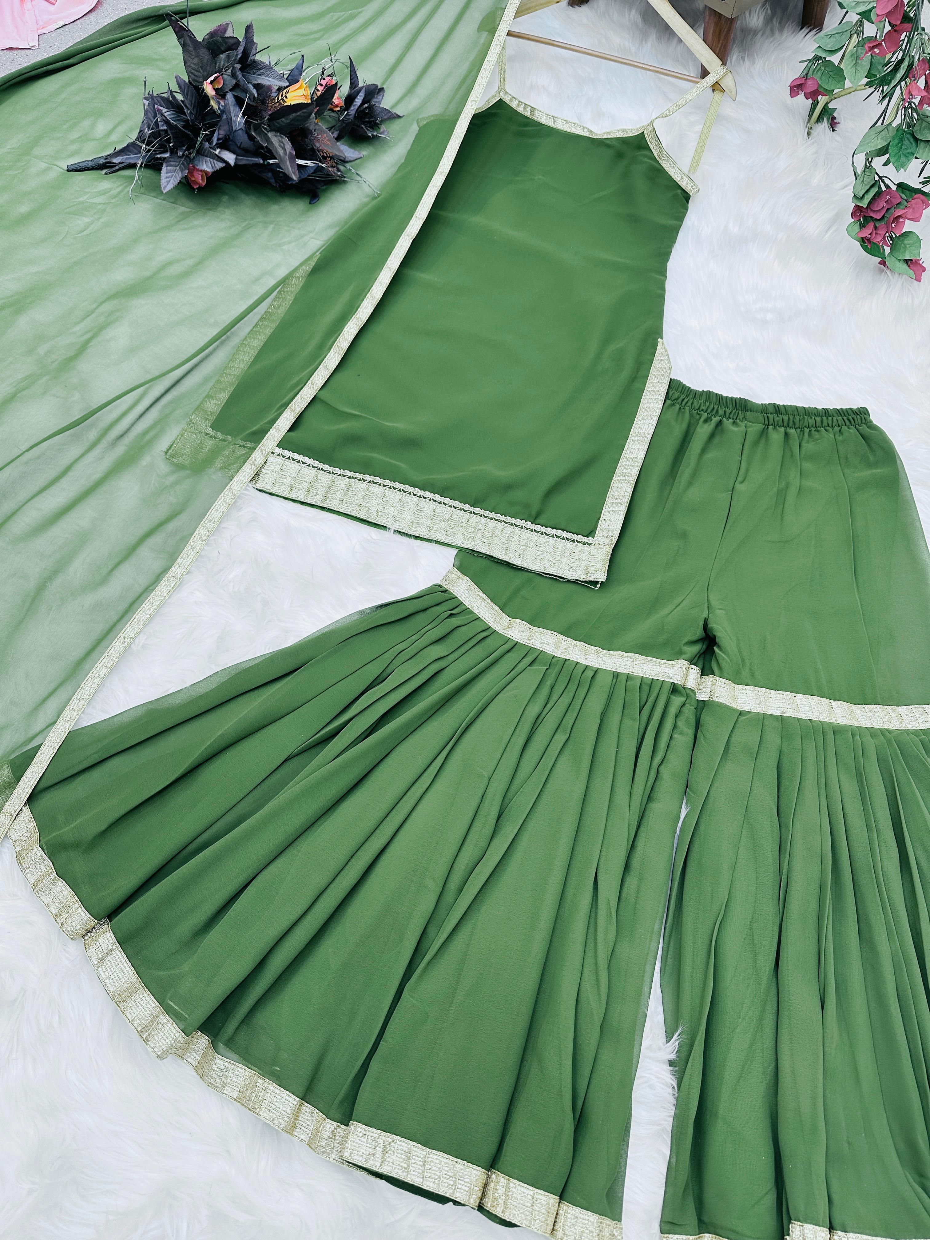 Plain Party Wear Green Color Sharara Suit