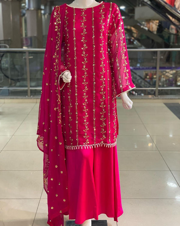 Beautiful Sequence Moti Work Pink Color Sharara Suit