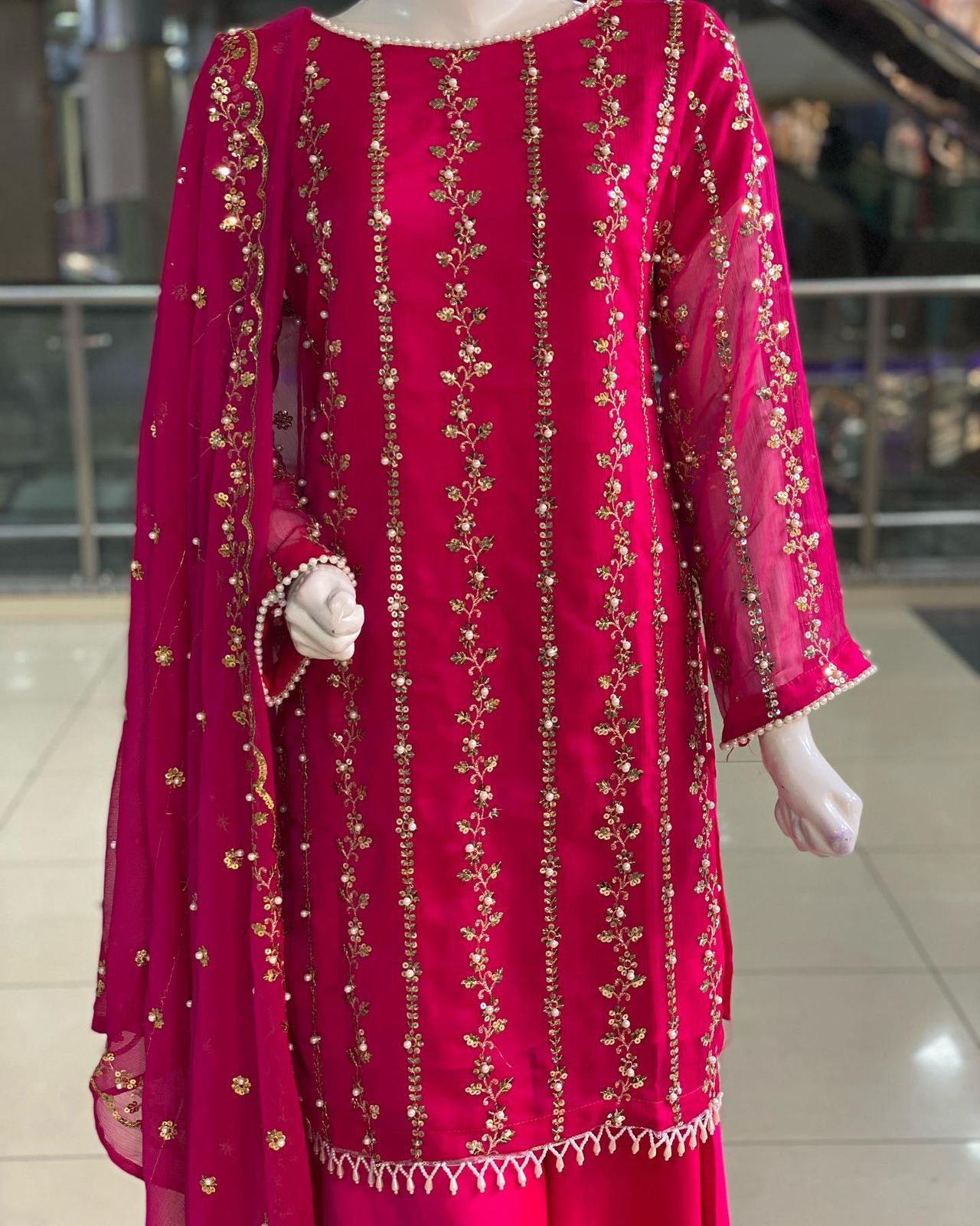 Beautiful Sequence Moti Work Pink Color Sharara Suit