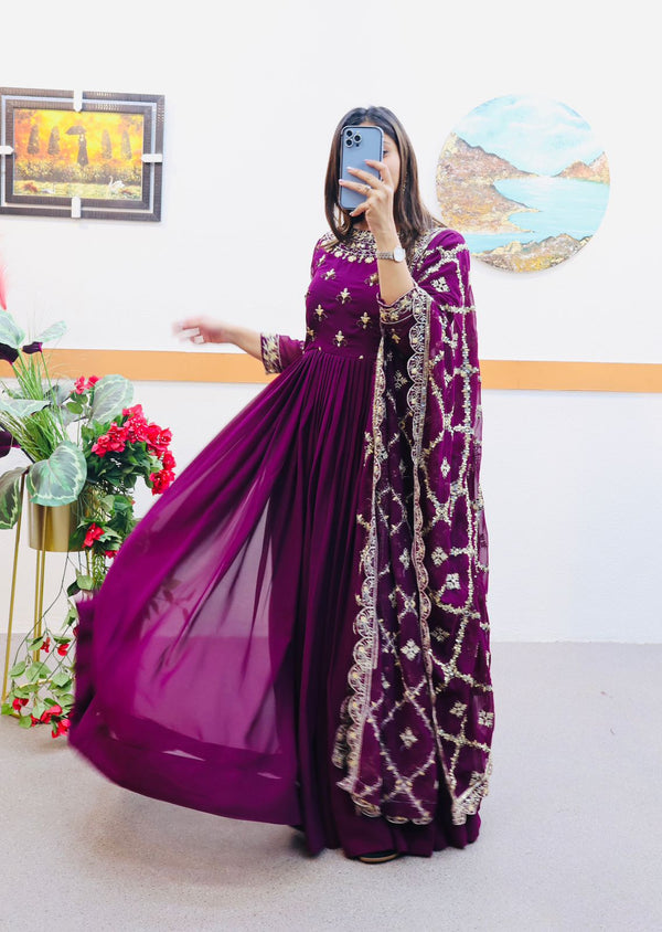 Decent Wine Color Gown With Embroidery Work Dupatta