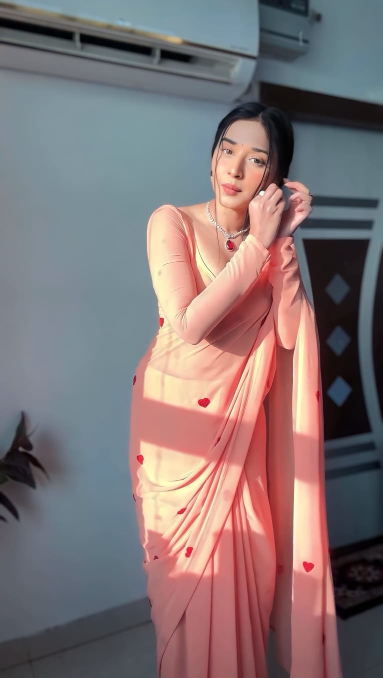 Heart Design Ready To Wear Peach Color Saree