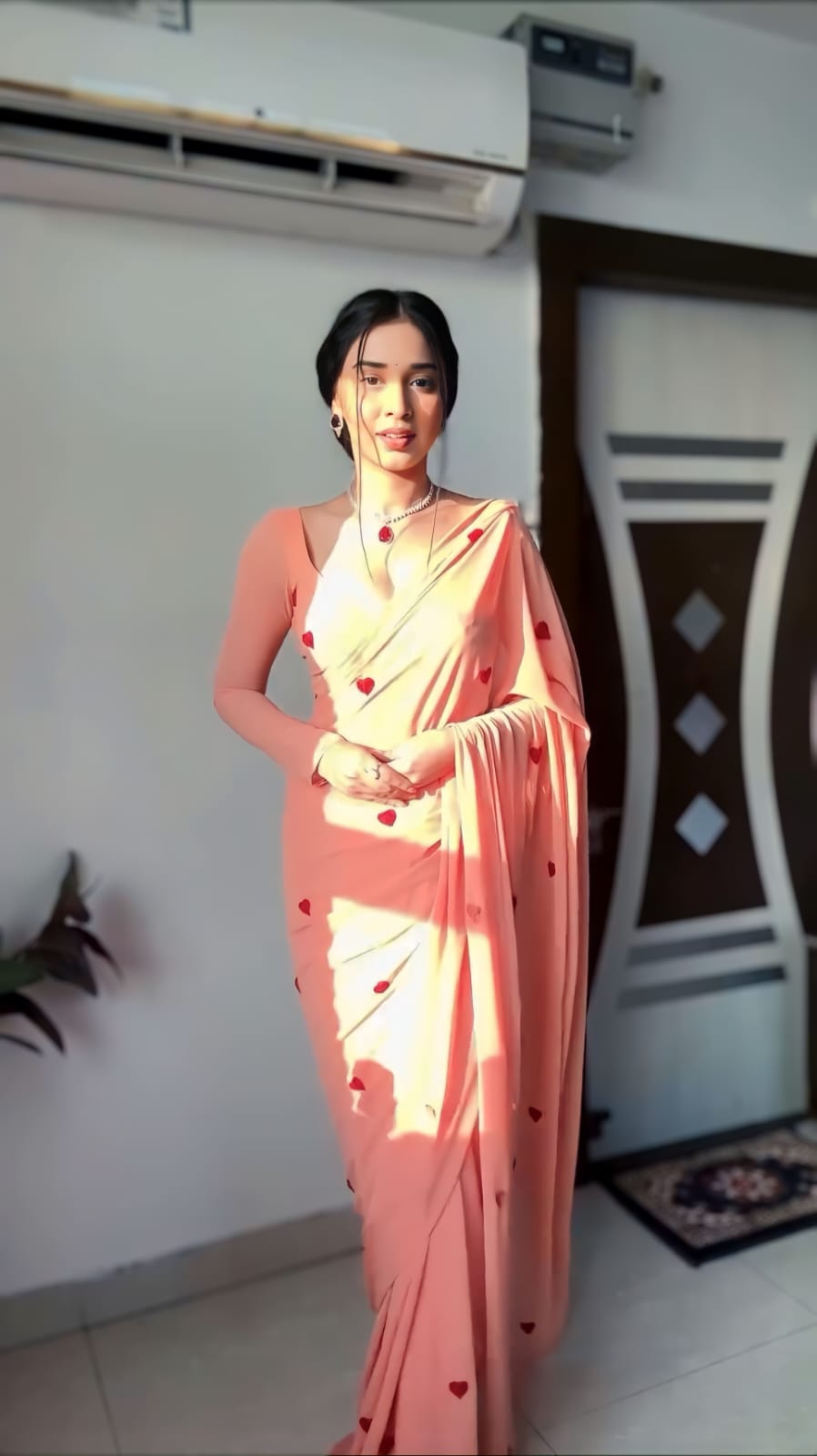 Heart Design Ready To Wear Peach Color Saree