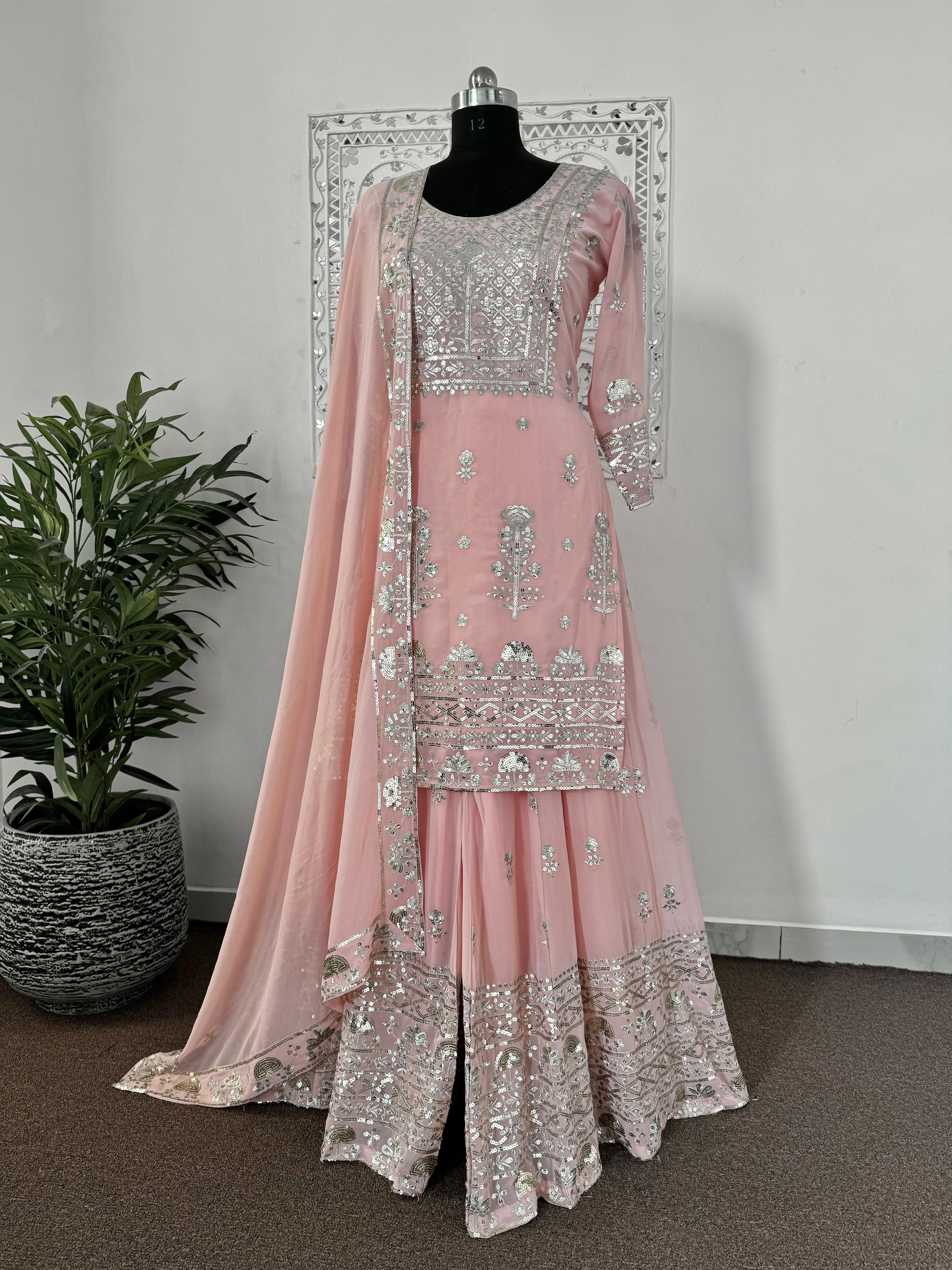 Delightful Sequence Work Peach Color Sharara Suit