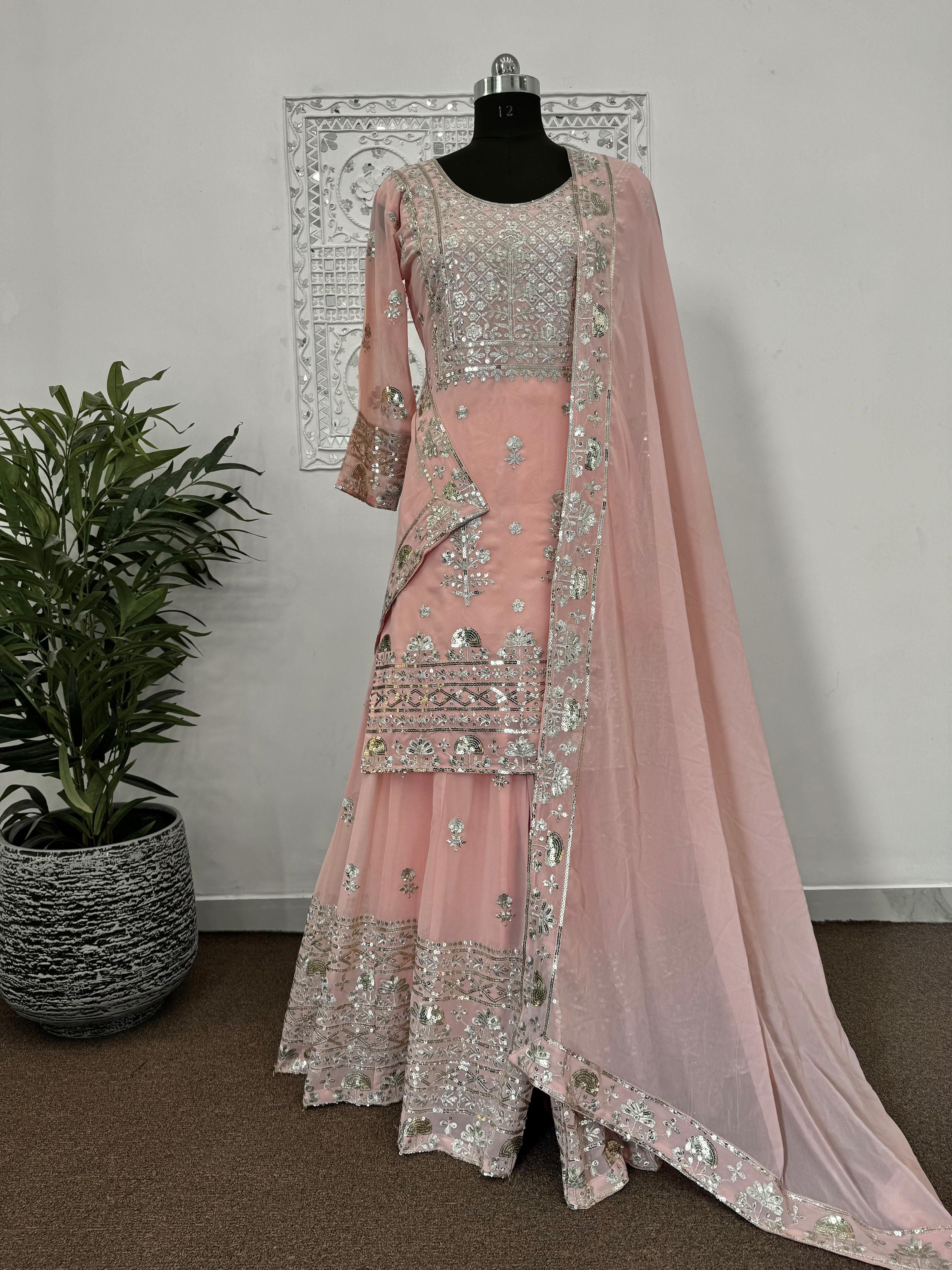 Delightful Sequence Work Peach Color Sharara Suit