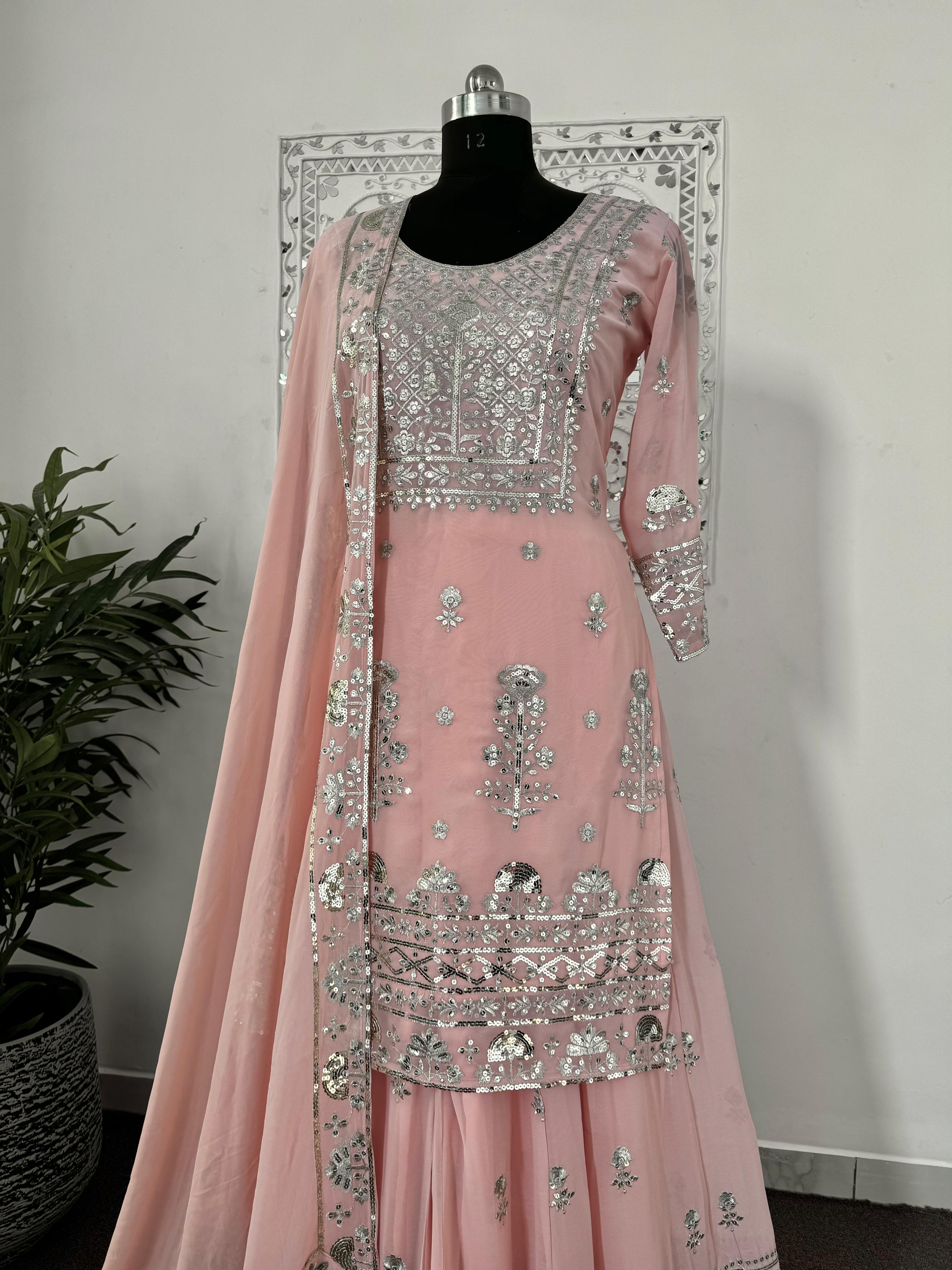 Delightful Sequence Work Peach Color Sharara Suit