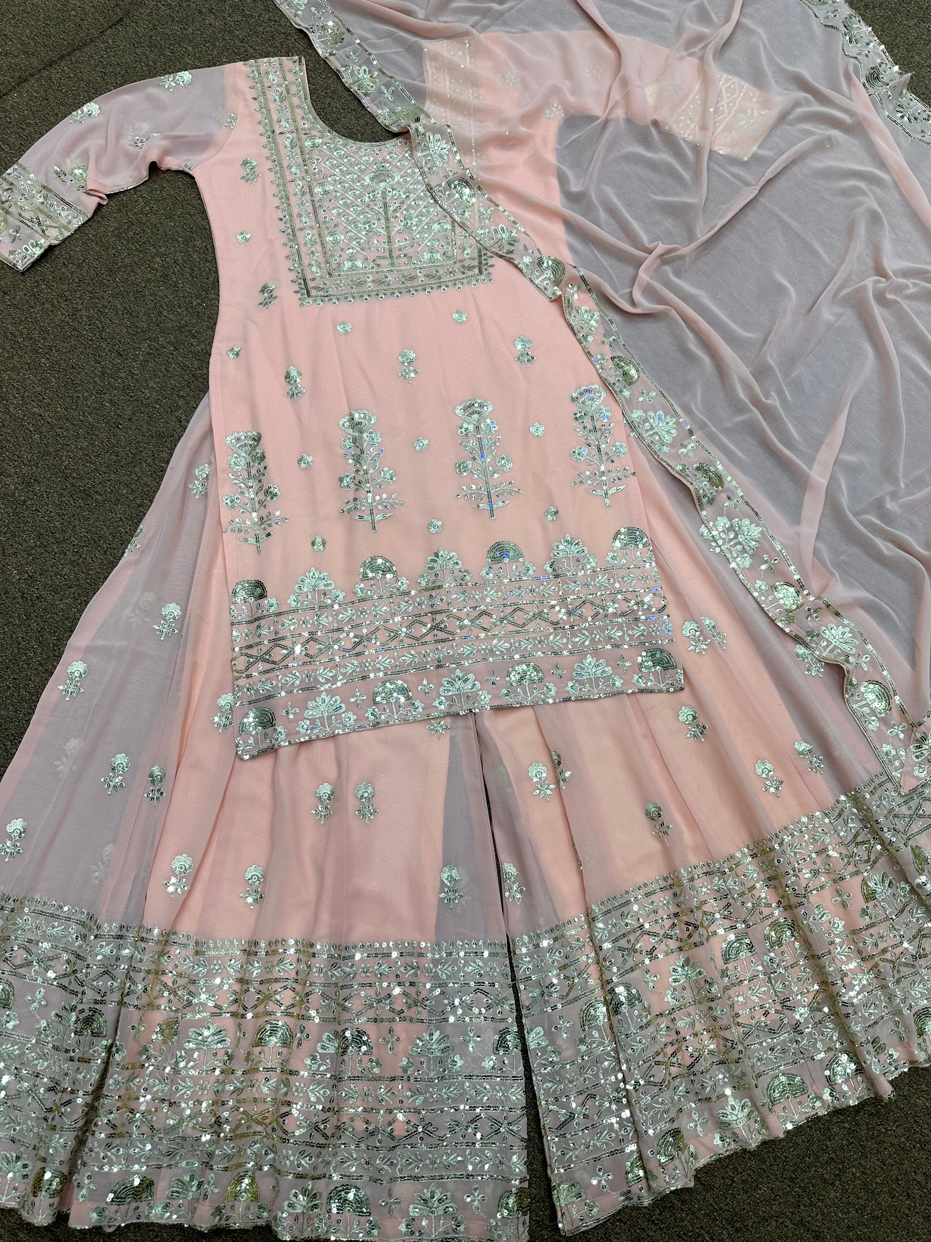 Delightful Sequence Work Peach Color Sharara Suit