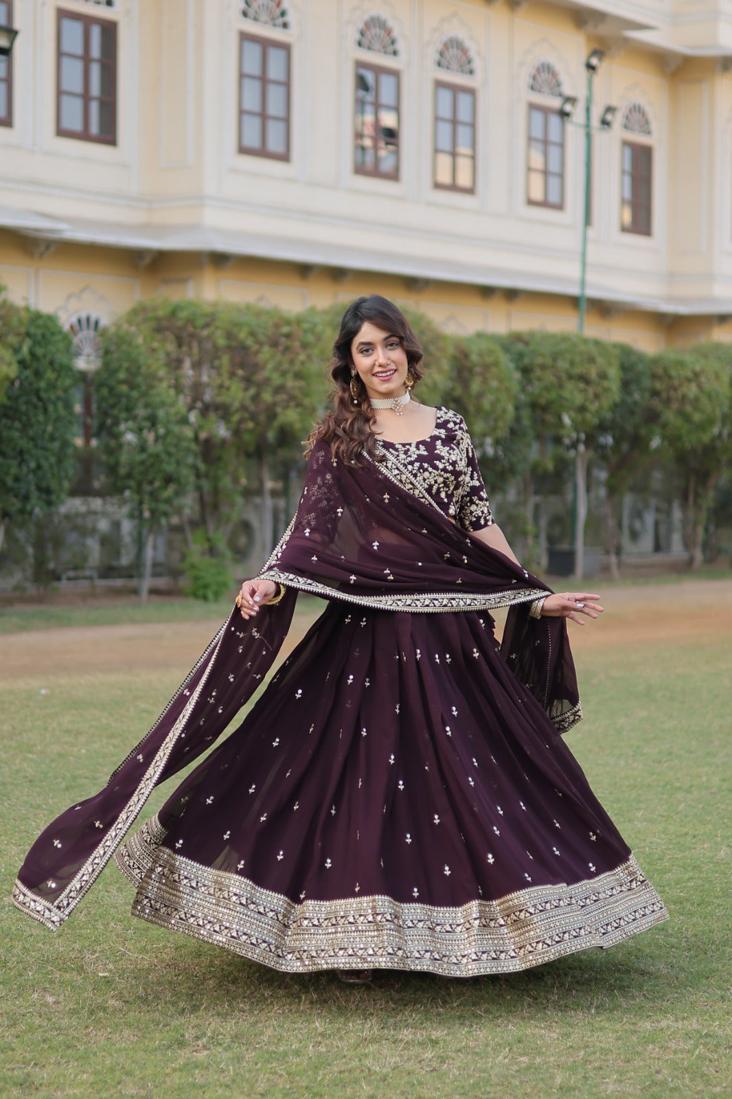 Ceremony Wear Embroidered Wine Color Lehenga Choli