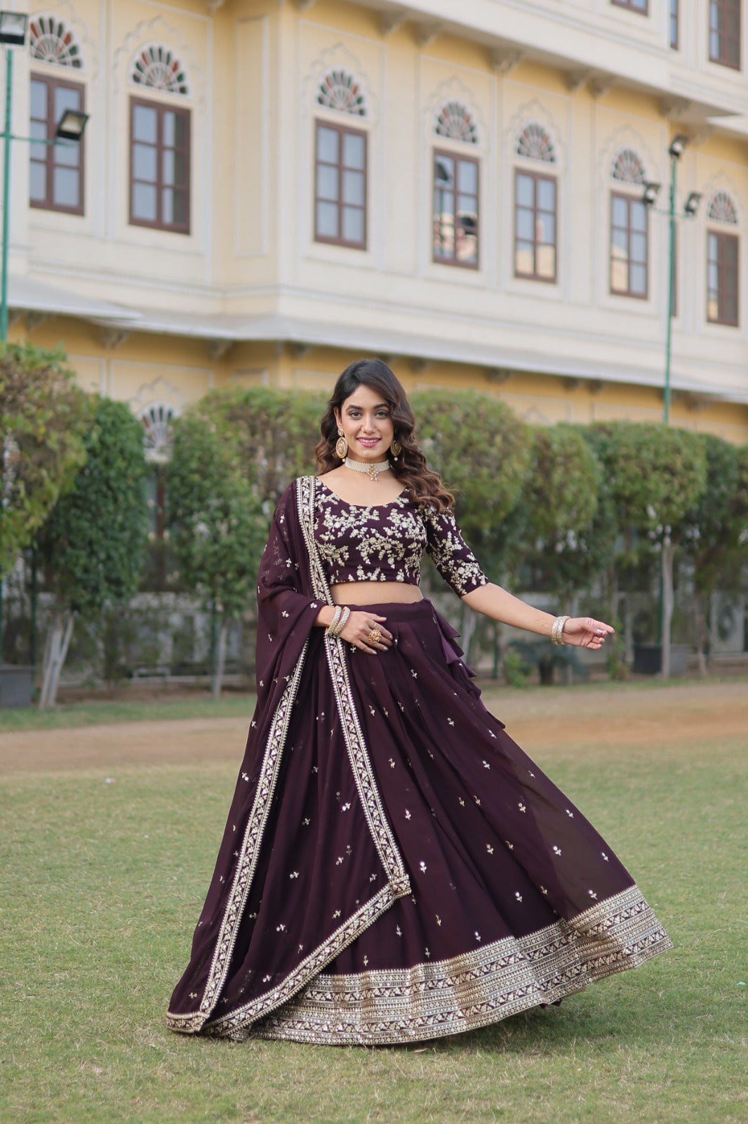 Ceremony Wear Embroidered Wine Color Lehenga Choli