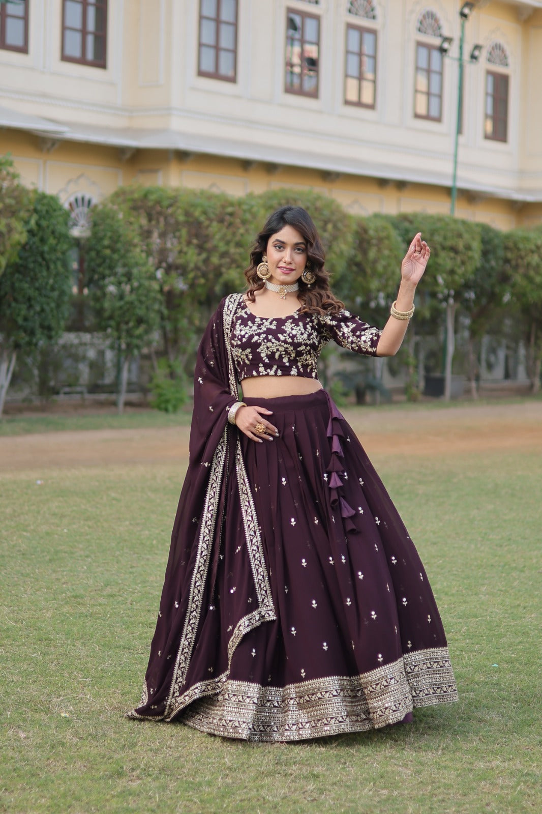 Ceremony Wear Embroidered Wine Color Lehenga Choli