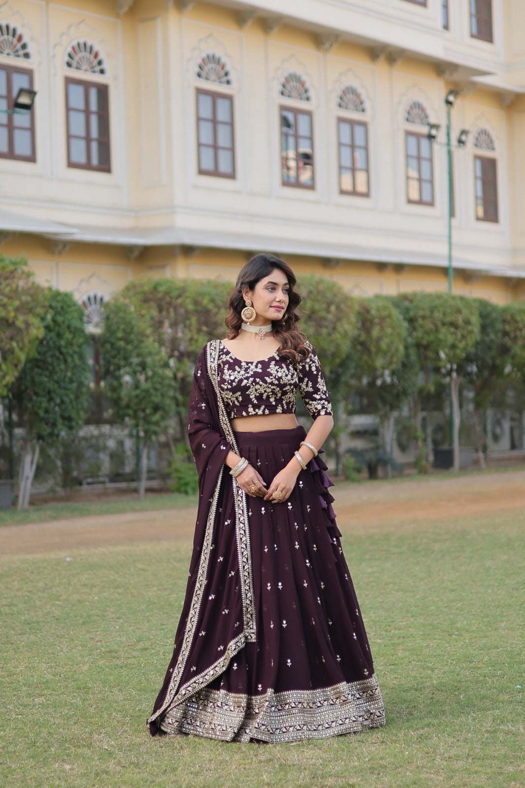 Ceremony Wear Embroidered Wine Color Lehenga Choli