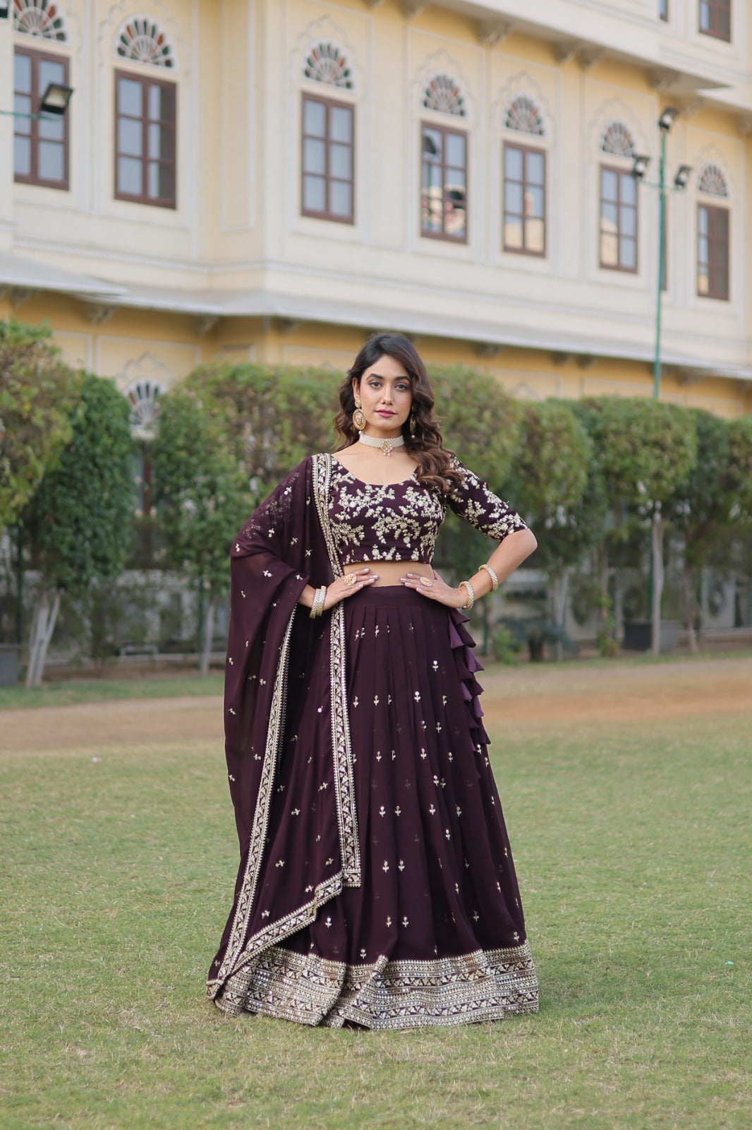 Ceremony Wear Embroidered Wine Color Lehenga Choli