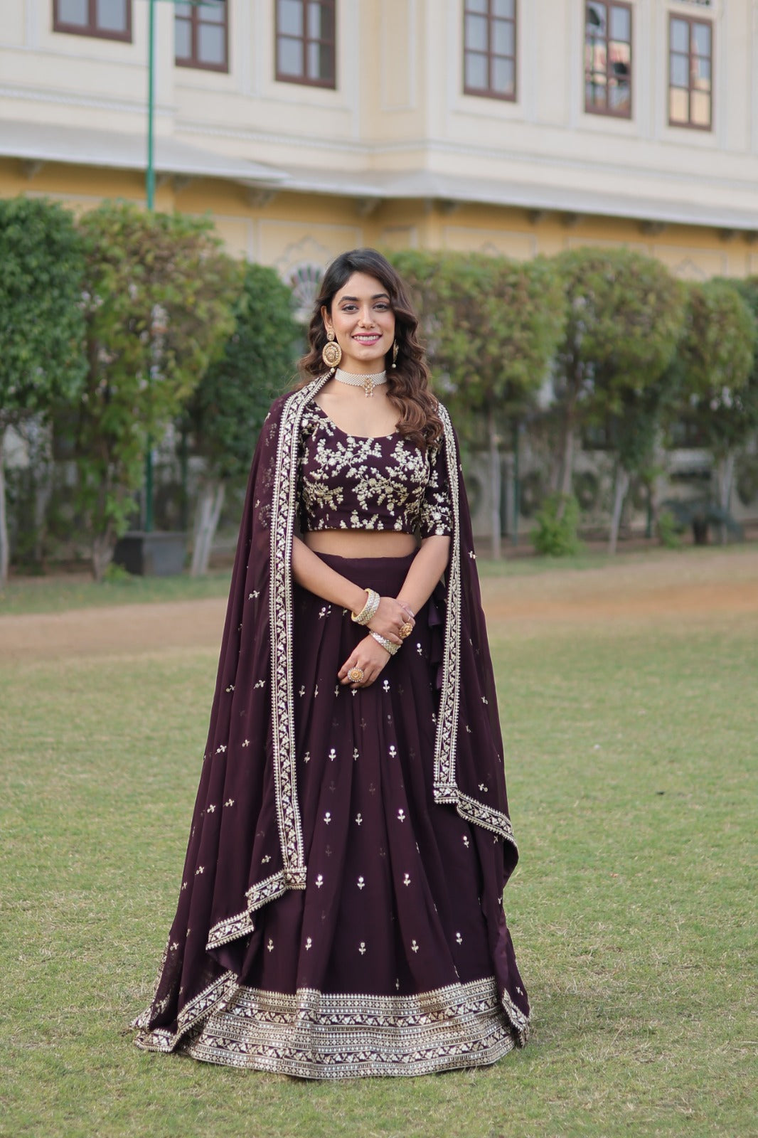 Ceremony Wear Embroidered Wine Color Lehenga Choli